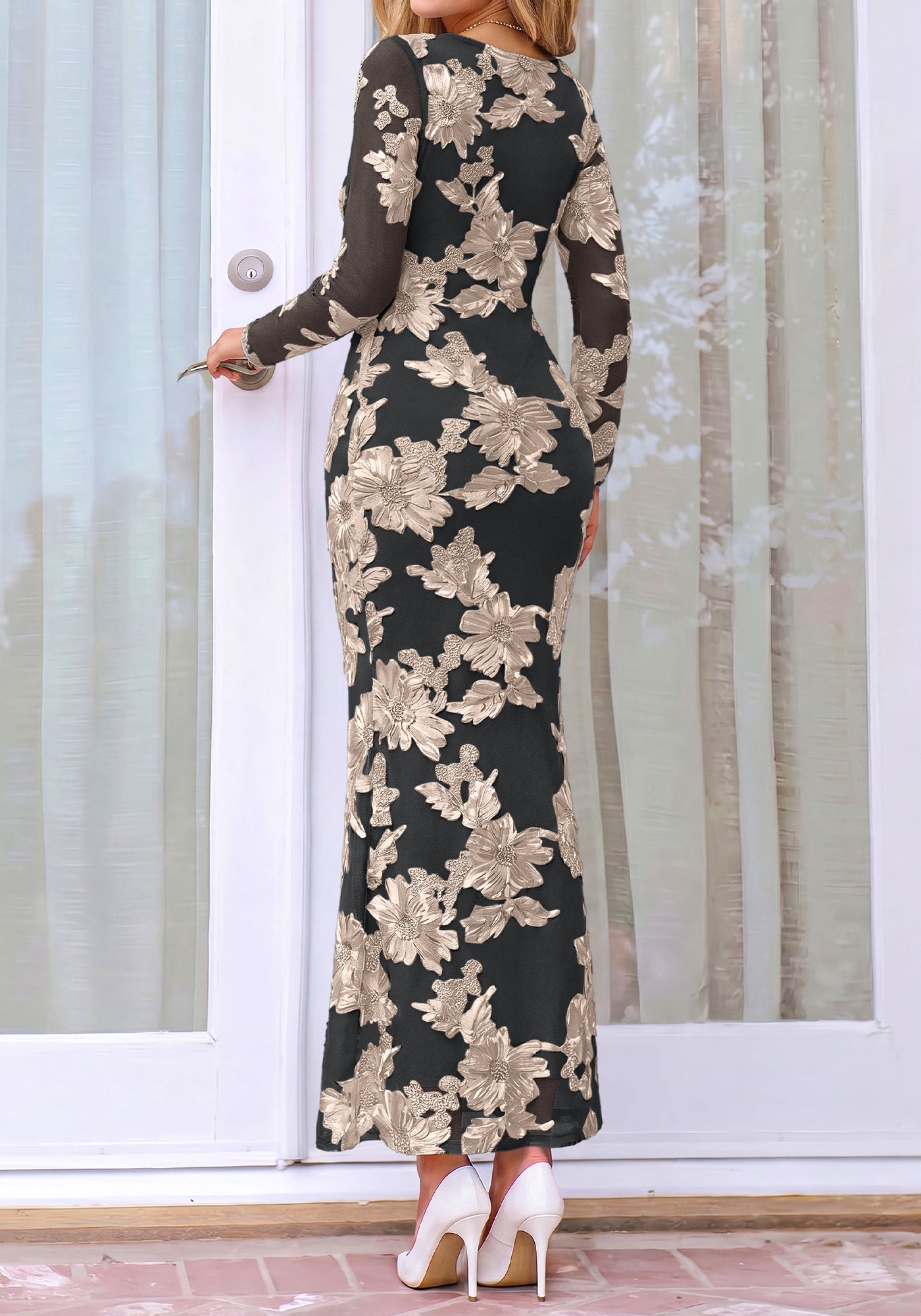 BTFBM Womens Long Sleeve Bodycon Floral Mesh Maxi Fall Wedding Guest Dress
