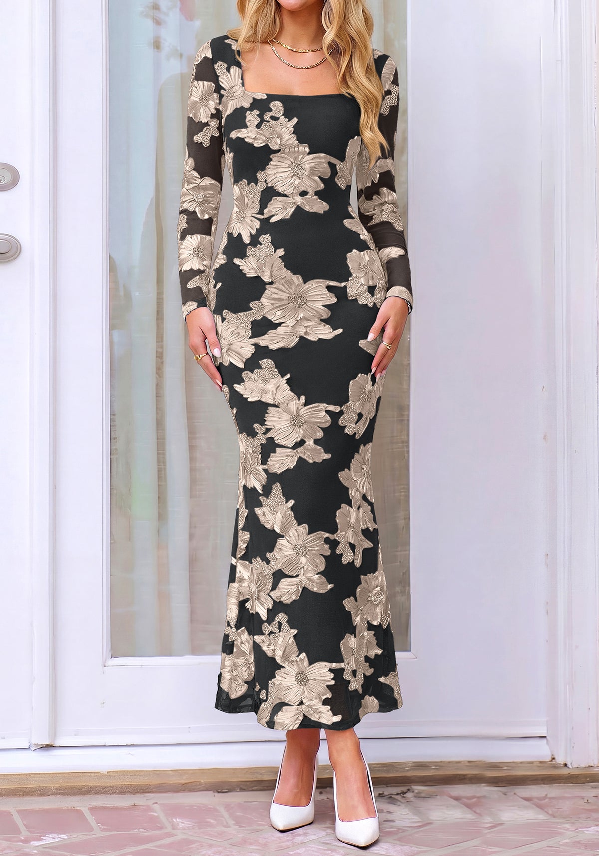 BTFBM Womens Long Sleeve Bodycon Floral Mesh Maxi Fall Wedding Guest Dress
