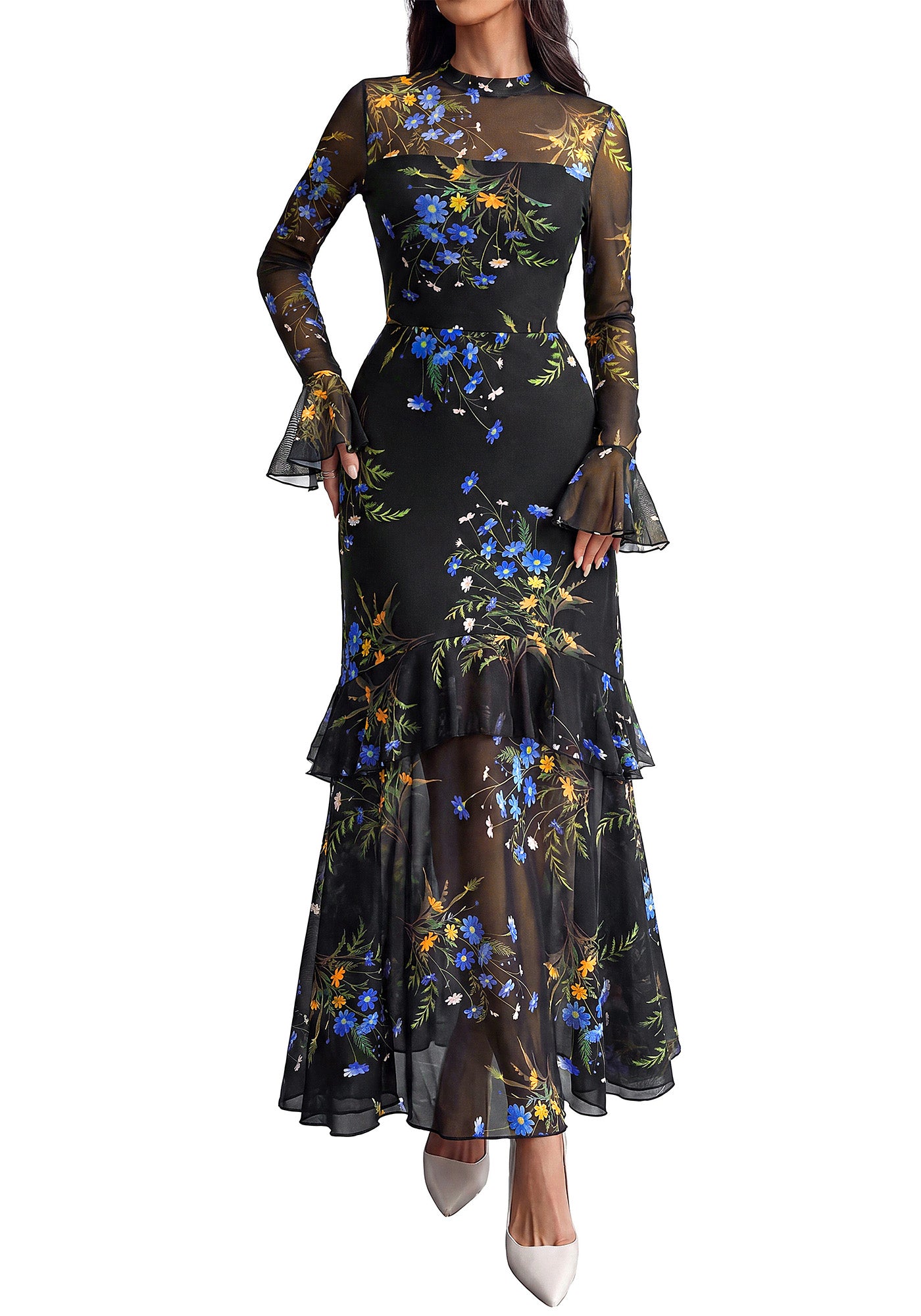 BTFBM Elegant Wedding Guest Dress Floral Long Sleeve Tiered Ruffle Maxi Dresses for Women Cocktail Prom Fall Clothes