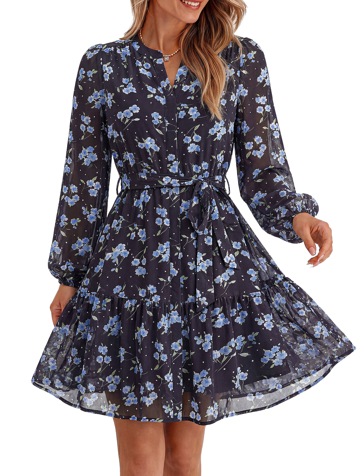 BTFBM Womens Dresses Fall Chiffon Floral V Neck Long Sleeve Mini Dress  | Hidden Button Down, Flowy A Line Boho Casual Dress, Fashion Clothing 2026, Cocktail Party Holiday Wedding Guest Dresses