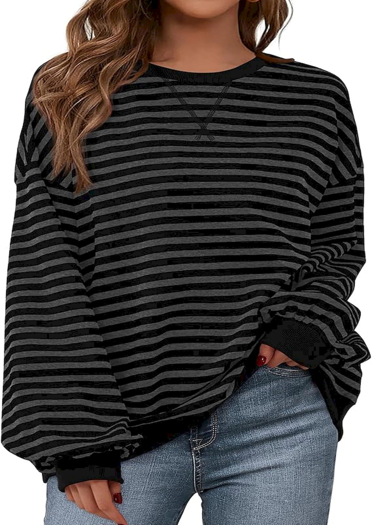 BTFBM Sweatshirt For Women 2026 Summer Crewneck Long Sleeve Oversized Striped Pullover Tops Y2K Clothes Workout Shirt