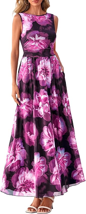 BTFBM Summer Dresses for Women 2026 Floral Maxi Dress Sleeveless Mesh Flowy Long Sundress Beach Vacation Clothes Pockets