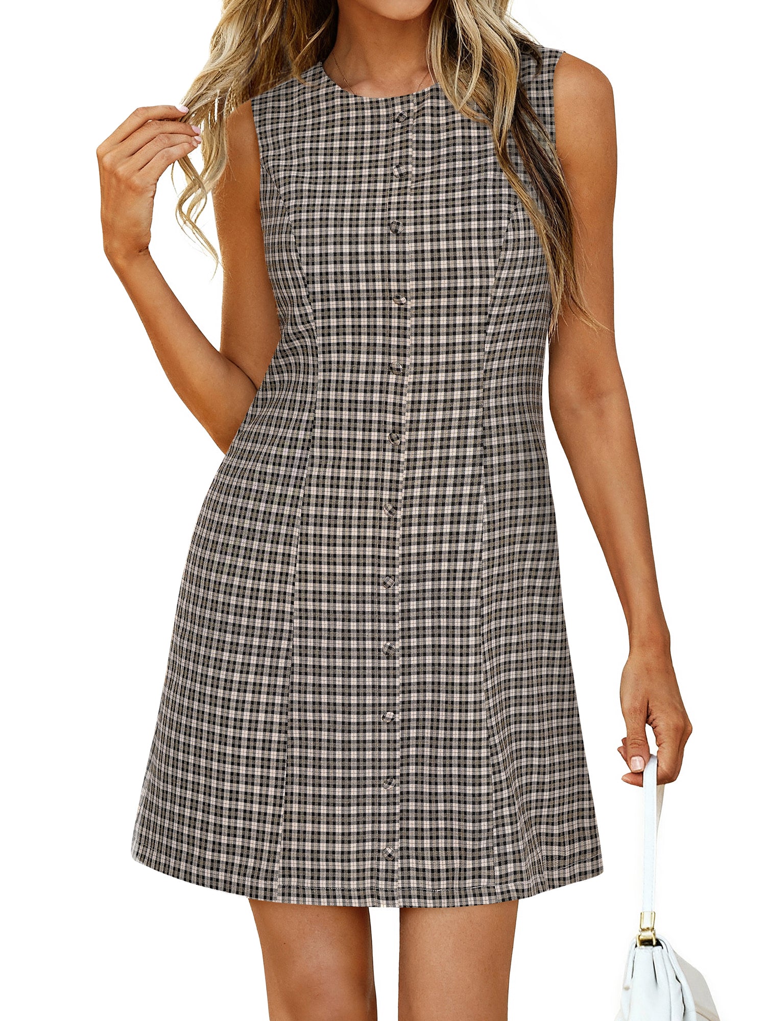 BTFBM Womens Summer Dress 2026 Spring Plaid Crew Neck Sleeveless Button Bodycon Mini Vintage Business Casual Dresses