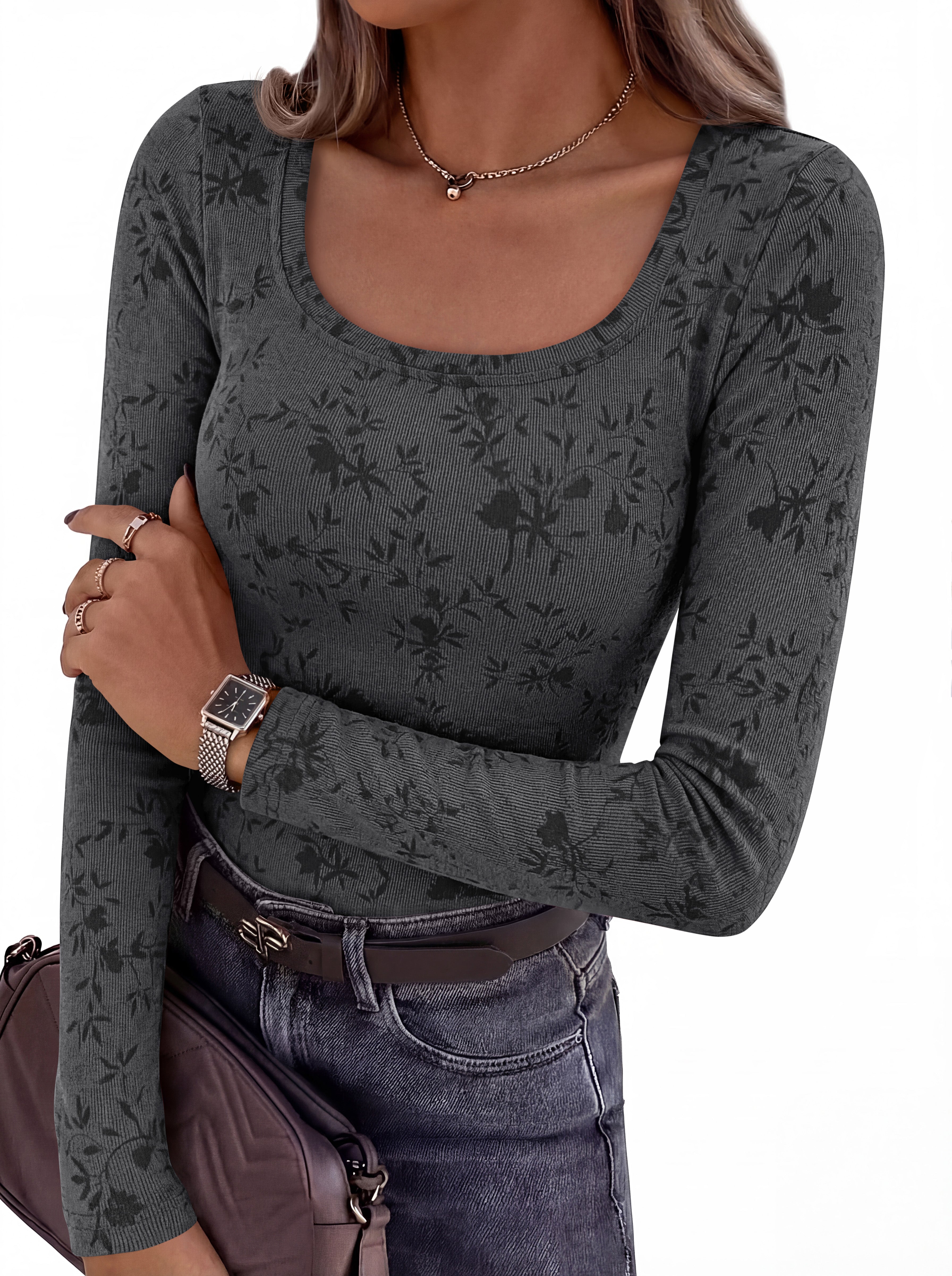 BTFBM Women's Long Sleeve Scoop Neck Shirts Floral Tops | Casual Women Fall Clothes, Ribbed Slim Fitted T-Shirts, y2k Fashion Clothing, Concert Going Out Top, Club Date Night Outfits