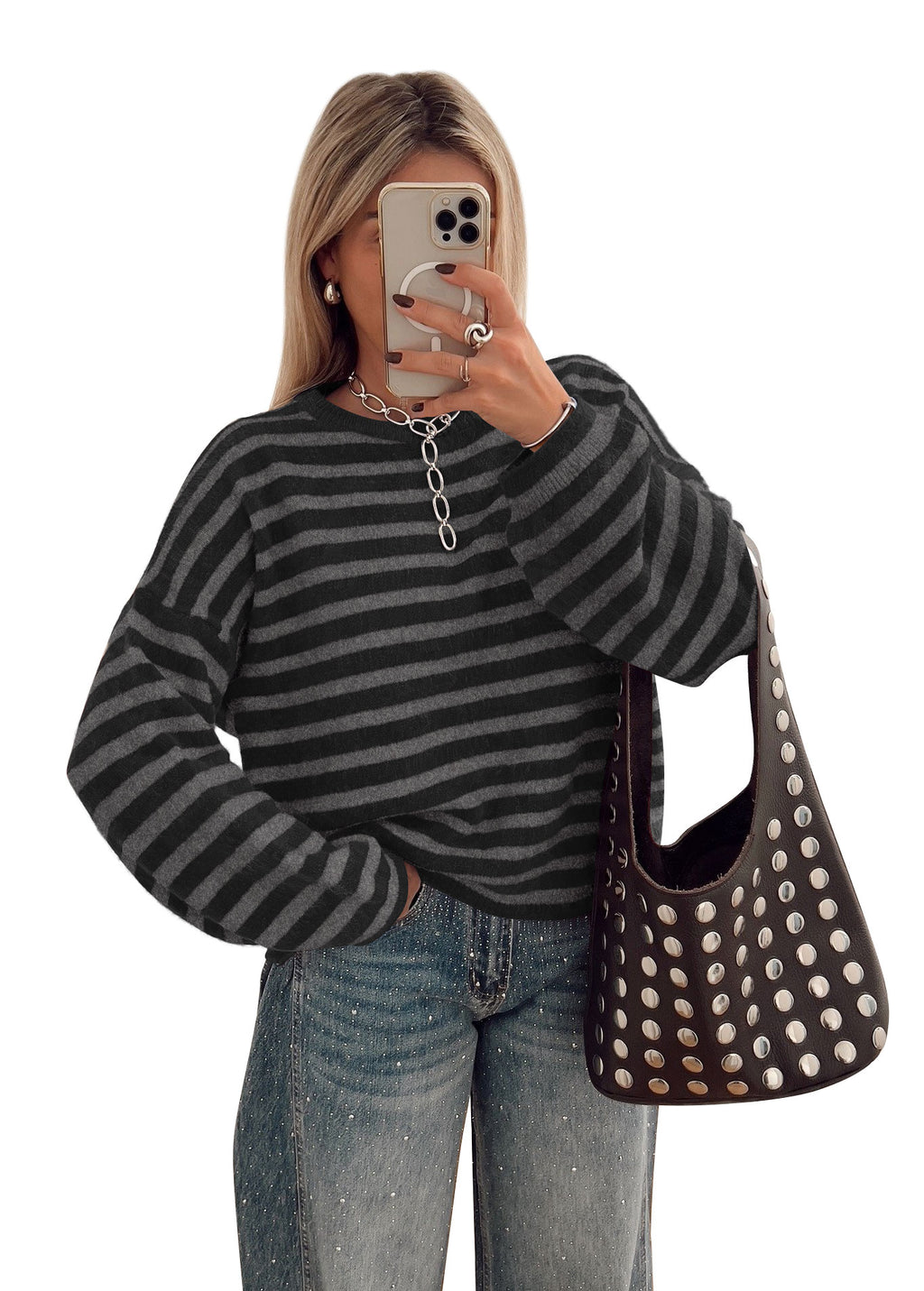 BTFBM Women's Lightweight Oversized Striped Sweater | Soft Knit Cozy Sweaters, Crew Neck Long Sleeve Pullover, y2k Color Block, Casual Holiday Outfits, Winter Fall Clothes 2026