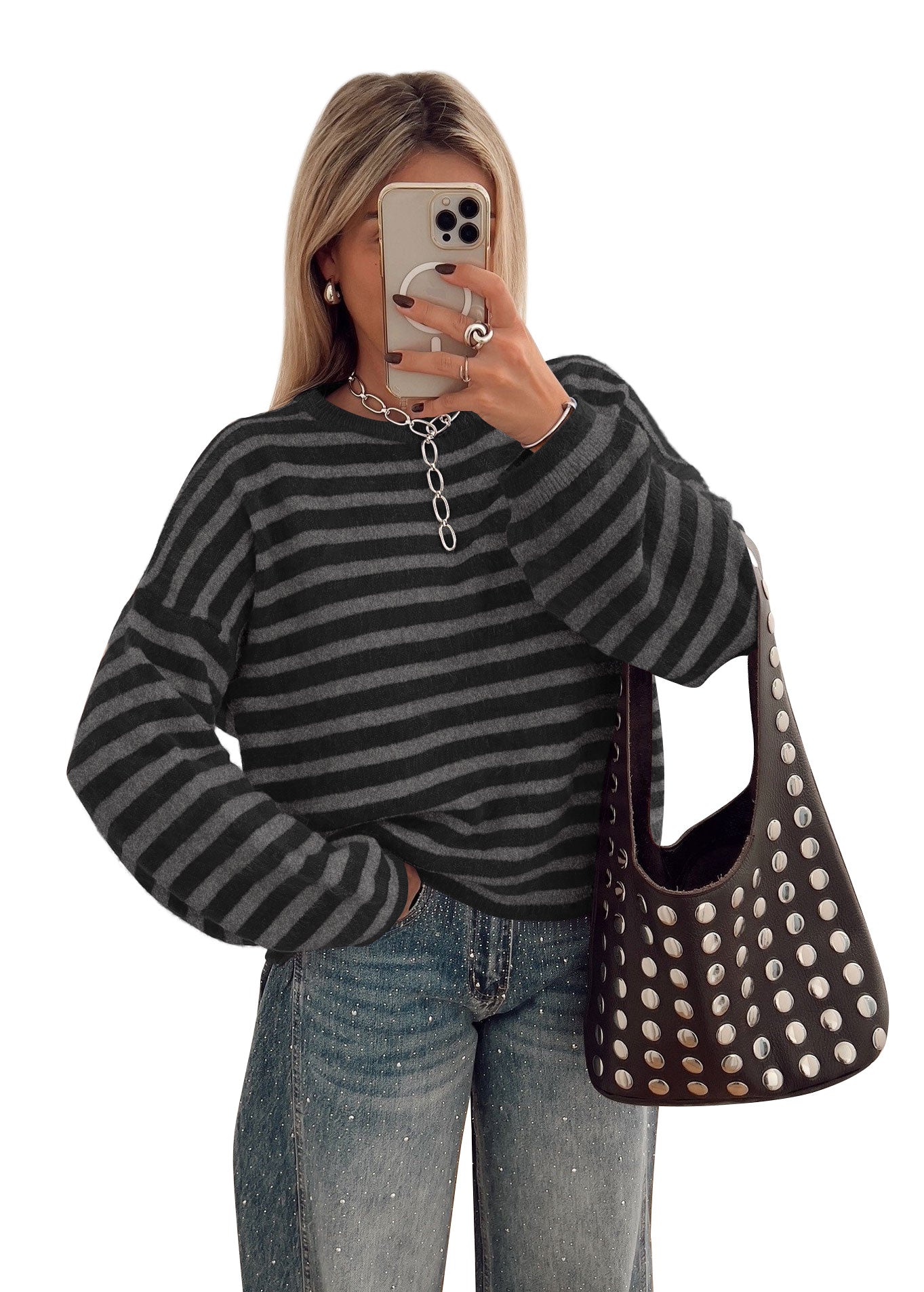 BTFBM Women's Lightweight Oversized Striped Sweater | Soft Knit Cozy Sweaters, Crew Neck Long Sleeve Pullover, y2k Color Block, Casual Holiday Outfits, Winter Fall Clothes 2026