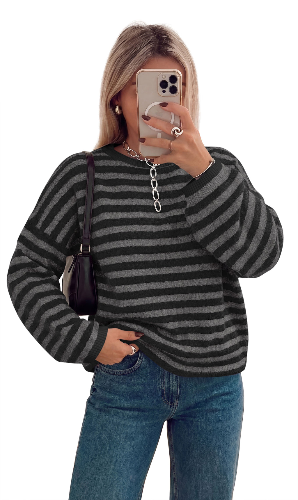BTFBM Women's Lightweight Oversized Striped Sweater | Soft Knit Cozy Sweaters, Crew Neck Long Sleeve Pullover, y2k Color Block, Casual Holiday Outfits, Winter Fall Clothes 2026