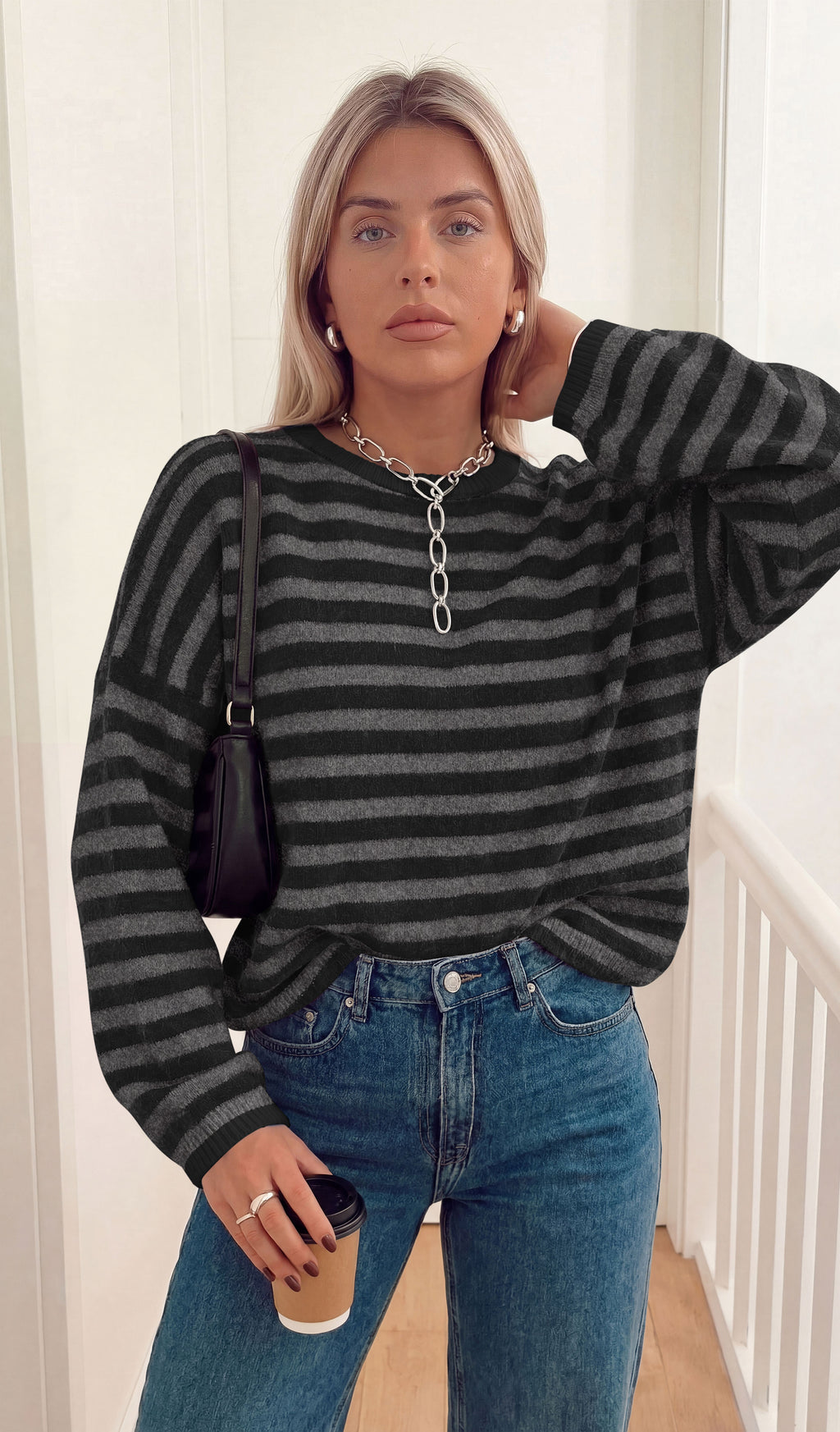 BTFBM Women's Lightweight Oversized Striped Sweater | Soft Knit Cozy Sweaters, Crew Neck Long Sleeve Pullover, y2k Color Block, Casual Holiday Outfits, Winter Fall Clothes 2026