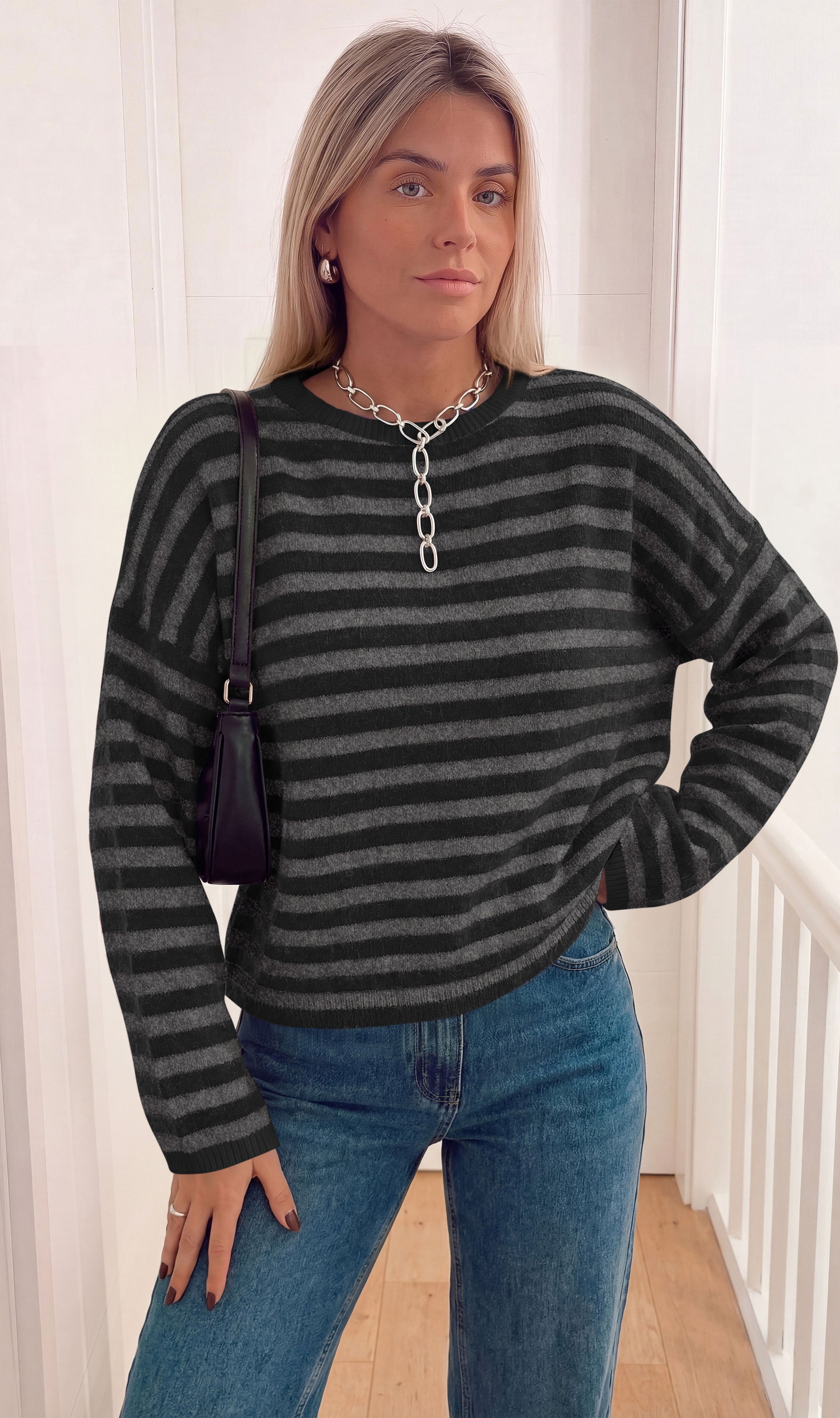 BTFBM Women's Lightweight Oversized Striped Sweater | Soft Knit Cozy Sweaters, Crew Neck Long Sleeve Pullover, y2k Color Block, Casual Holiday Outfits, Winter Fall Clothes 2026