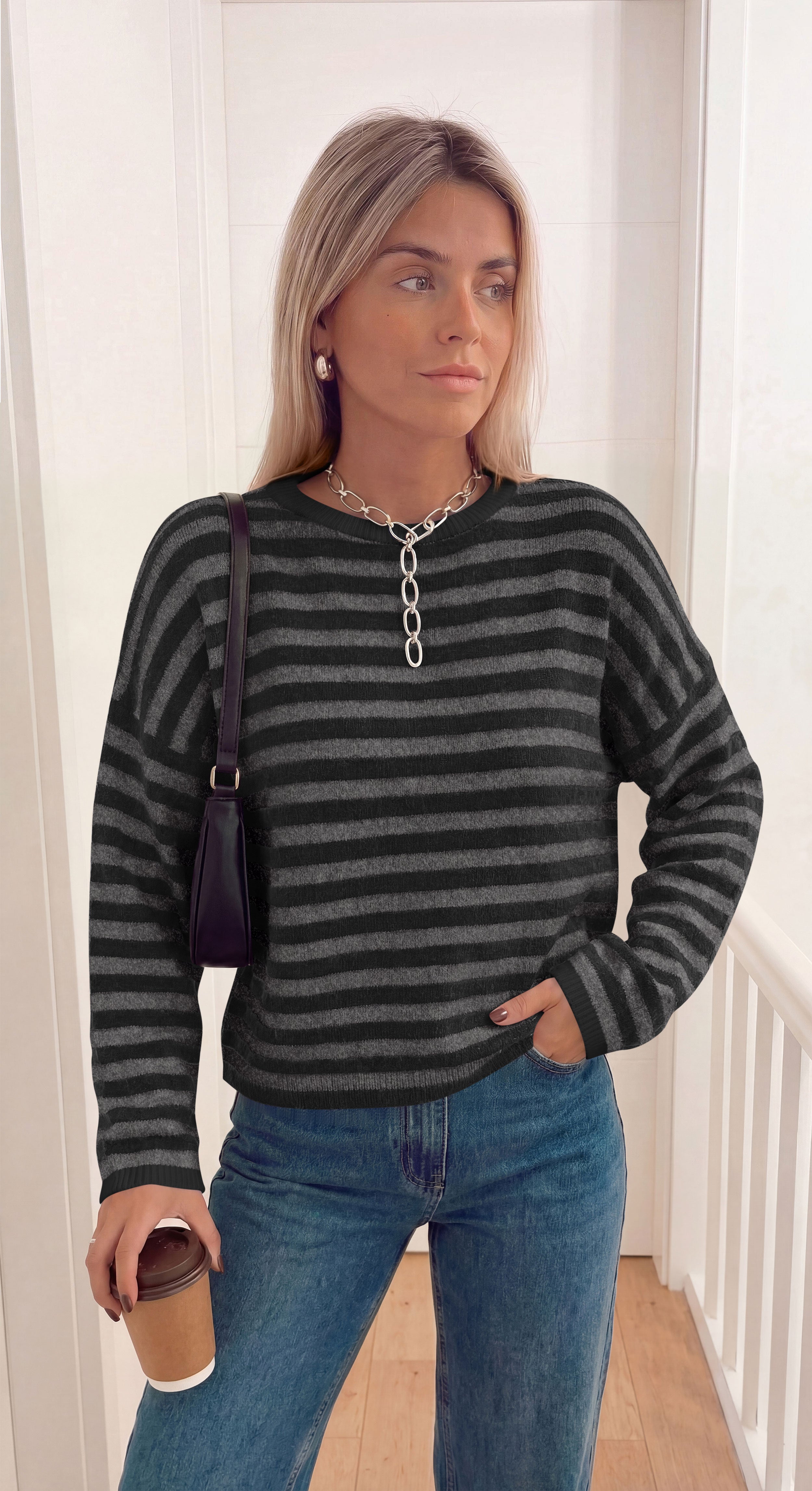 BTFBM Women's Lightweight Oversized Striped Sweater | Soft Knit Cozy Sweaters, Crew Neck Long Sleeve Pullover, y2k Color Block, Casual Holiday Outfits, Winter Fall Clothes 2026
