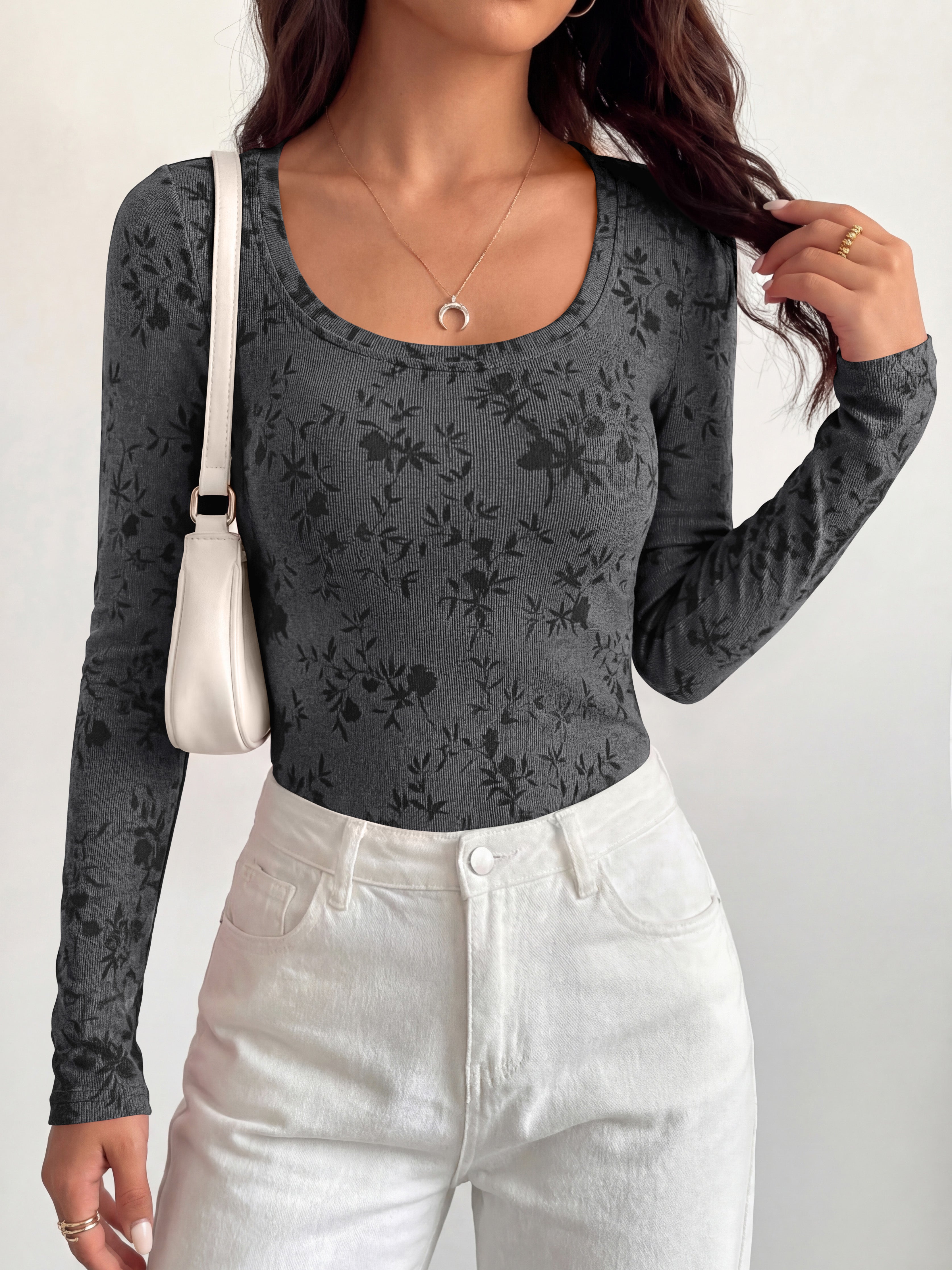 BTFBM Women's Long Sleeve Scoop Neck Shirts Floral Tops | Casual Women Fall Clothes, Ribbed Slim Fitted T-Shirts, y2k Fashion Clothing, Concert Going Out Top, Club Date Night Outfits