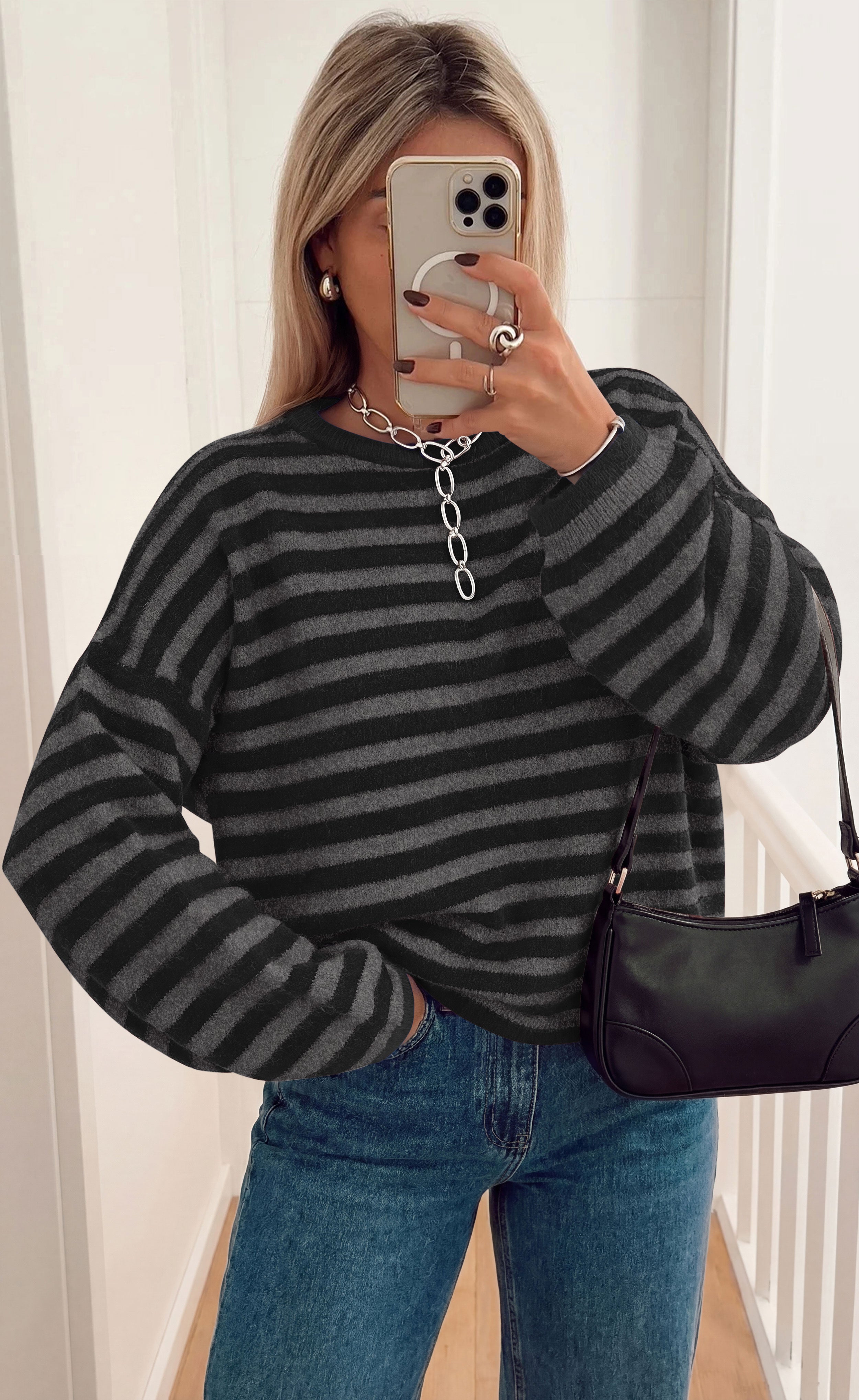 BTFBM Women's Lightweight Oversized Striped Sweater | Soft Knit Cozy Sweaters, Crew Neck Long Sleeve Pullover, y2k Color Block, Casual Holiday Outfits, Winter Fall Clothes 2026