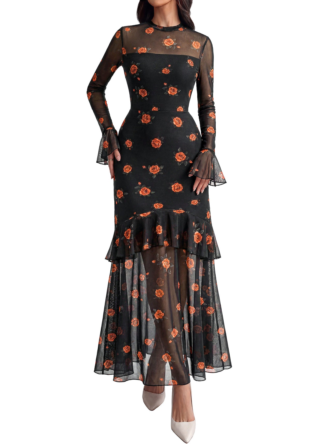 BTFBM Elegant Wedding Guest Dress Floral Long Sleeve Tiered Ruffle Maxi Dresses for Women Cocktail Prom Fall Clothes