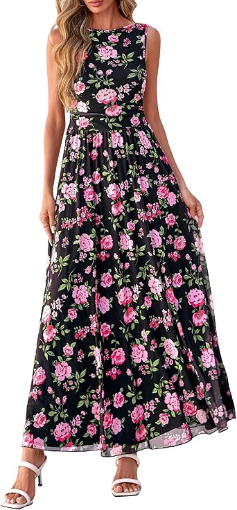 BTFBM Summer Dresses for Women 2026 Floral Maxi Dress Sleeveless Mesh Flowy Long Sundress Beach Vacation Clothes Pockets