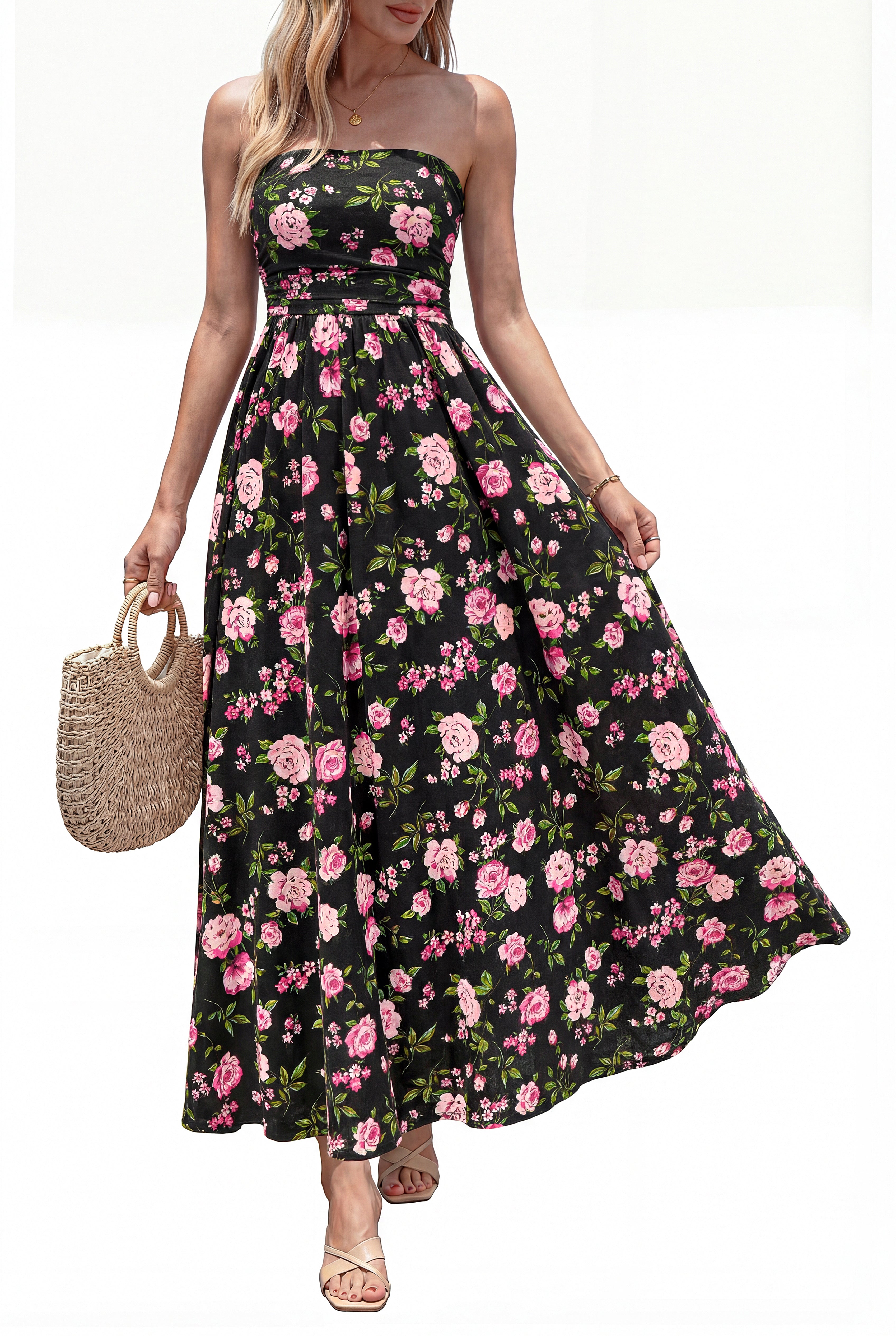 BTFBM Womens Summer Dresses 2026 Strapless Tube Top Elastic Waist Floral Beach Vacation Outfits Boho Maxi Dress Pockets