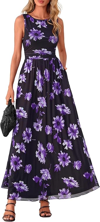 BTFBM Summer Dresses for Women 2026 Floral Maxi Dress Sleeveless Mesh Flowy Long Sundress Beach Vacation Clothes Pockets