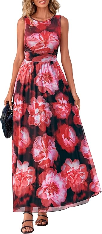 BTFBM Summer Dresses for Women 2026 Floral Maxi Dress Sleeveless Mesh Flowy Long Sundress Beach Vacation Clothes Pockets