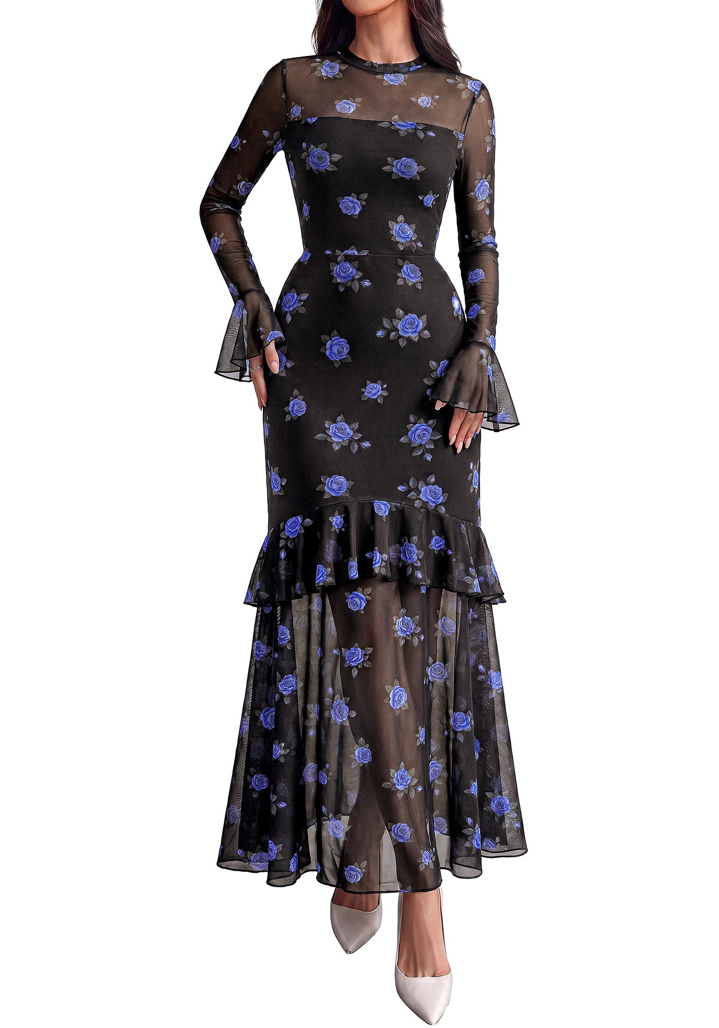 BTFBM Elegant Wedding Guest Dress Floral Long Sleeve Tiered Ruffle Maxi Dresses for Women Cocktail Prom Fall Clothes