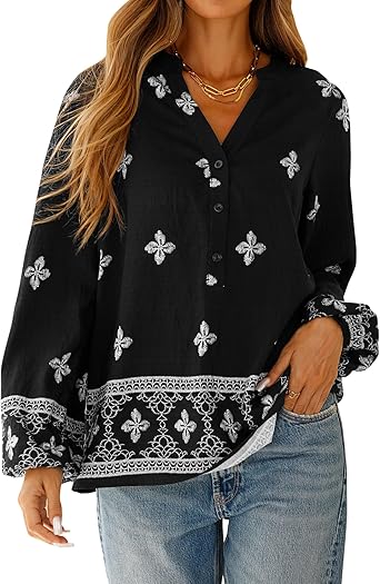 BTFBM Womens Tops Spring Casual Long Sleeve Shirts Button Up V Neck Bohemian Blouses Loose Tunics Vacation Outfits