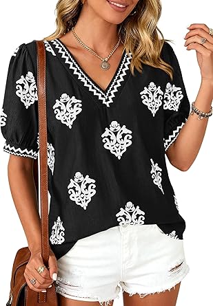 BTFBM Casual Summer Shirts for Women Beach Fashion Going Out Tops Vacation Short Sleeve Floral Boho Blouses Tunics