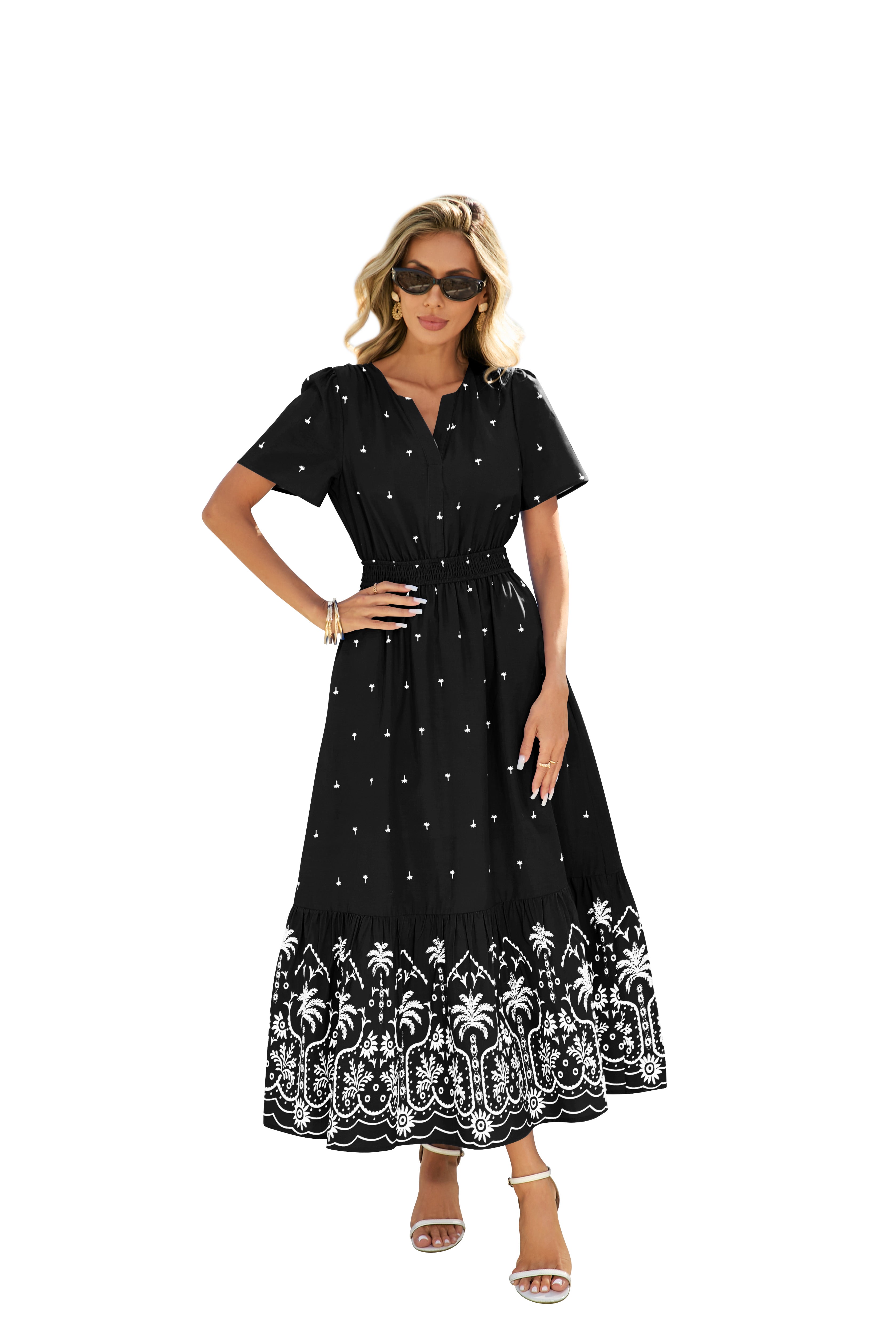 BTFBM Womens Summer Dresses 2026 Casual Short Sleeve Elastic Waist Flowy Beach Vacation Floral Boho Maxi Dress Pockets