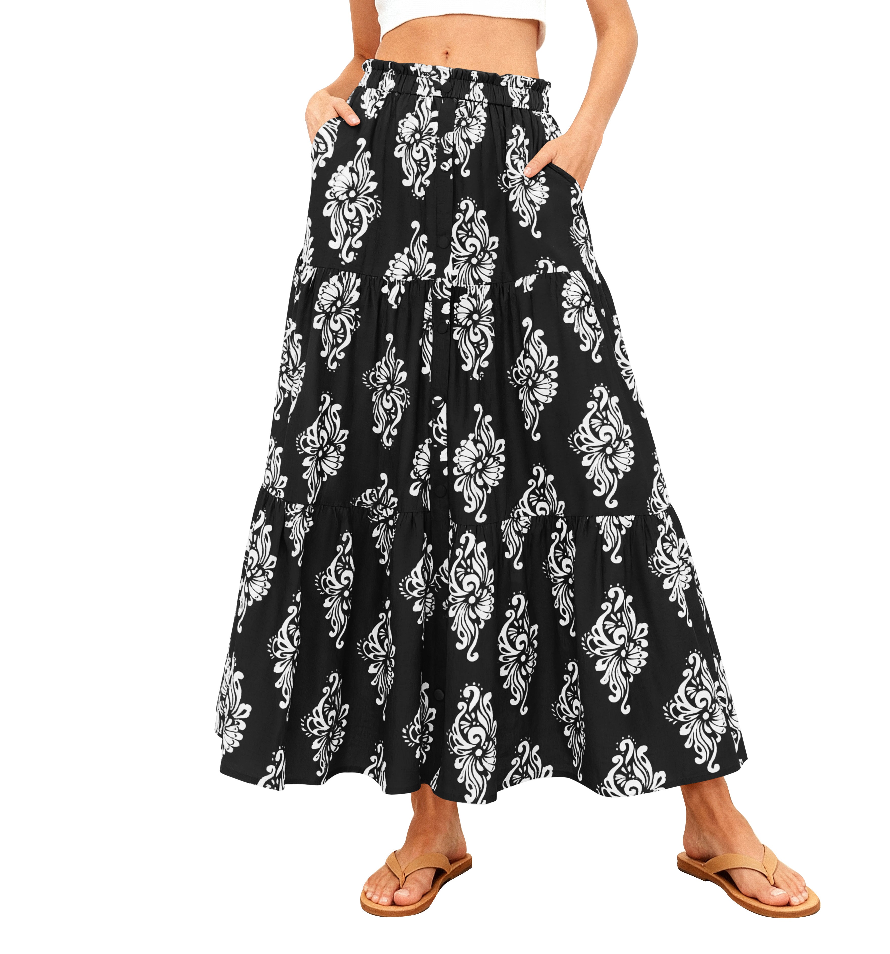 BTFBM Long Skirts for Women Summer 2026 Elastic High Waist Flowy A Line Casual Boho Tiered Floral Maxi Skirt Pockets