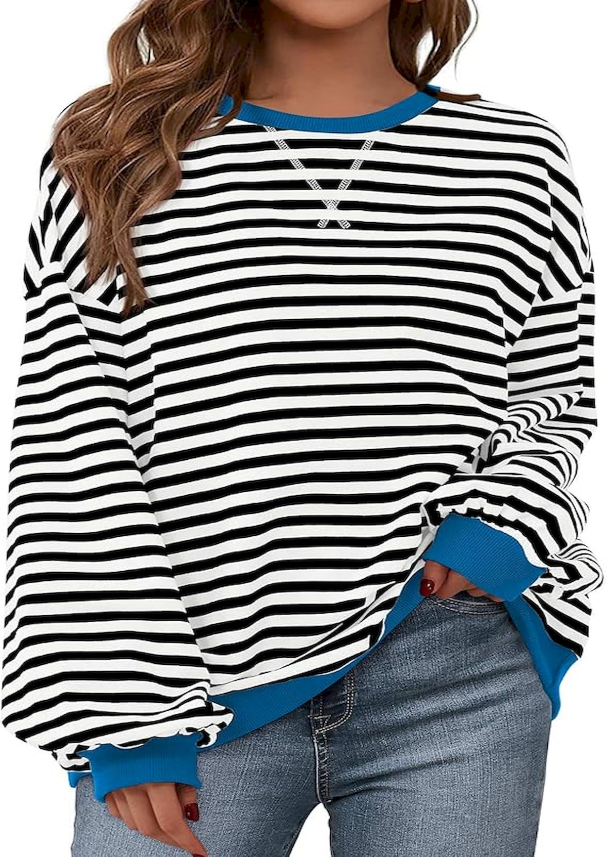 BTFBM Sweatshirt For Women 2026 Summer Crewneck Long Sleeve Oversized Striped Pullover Tops Y2K Clothes Workout Shirt