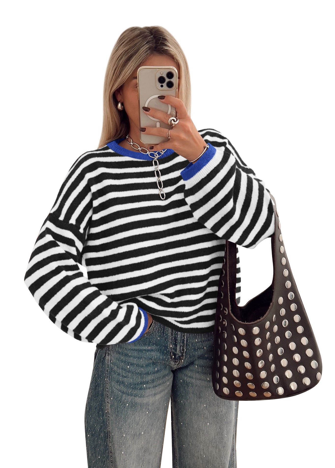 BTFBM Women's Lightweight Oversized Striped Sweater | Soft Knit Cozy Sweaters, Crew Neck Long Sleeve Pullover, y2k Color Block, Casual Holiday Outfits, Winter Fall Clothes 2026