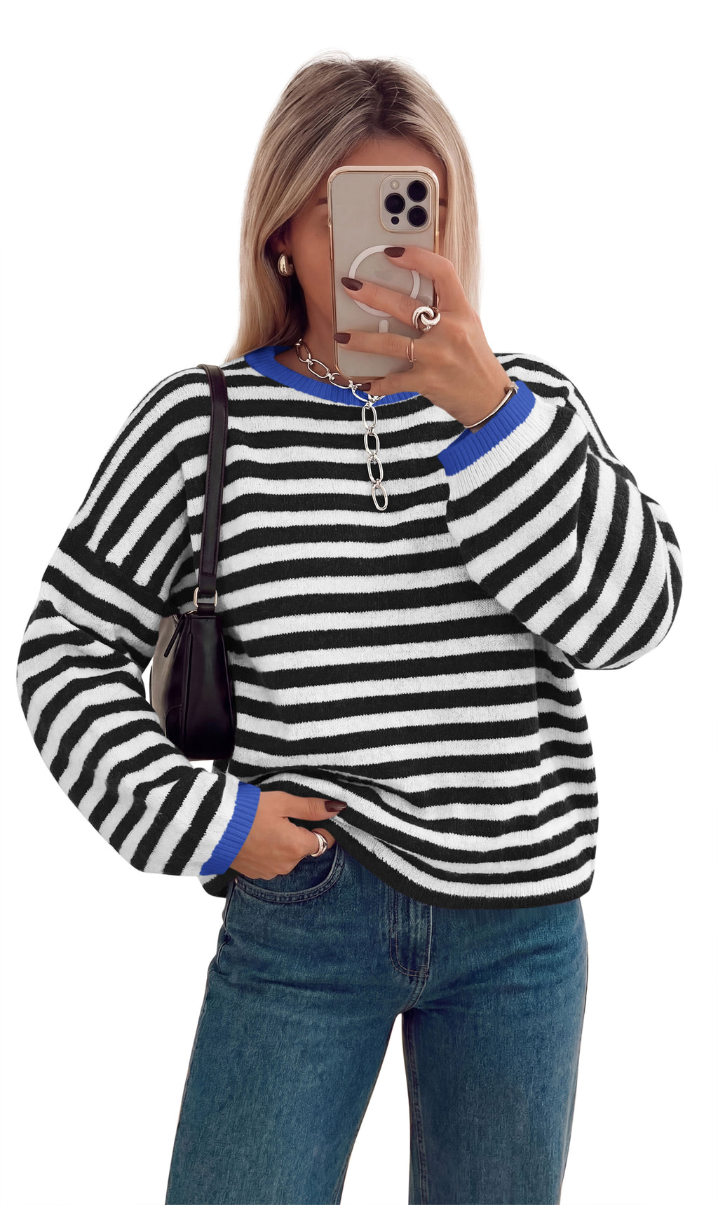 BTFBM Women's Lightweight Oversized Striped Sweater | Soft Knit Cozy Sweaters, Crew Neck Long Sleeve Pullover, y2k Color Block, Casual Holiday Outfits, Winter Fall Clothes 2026
