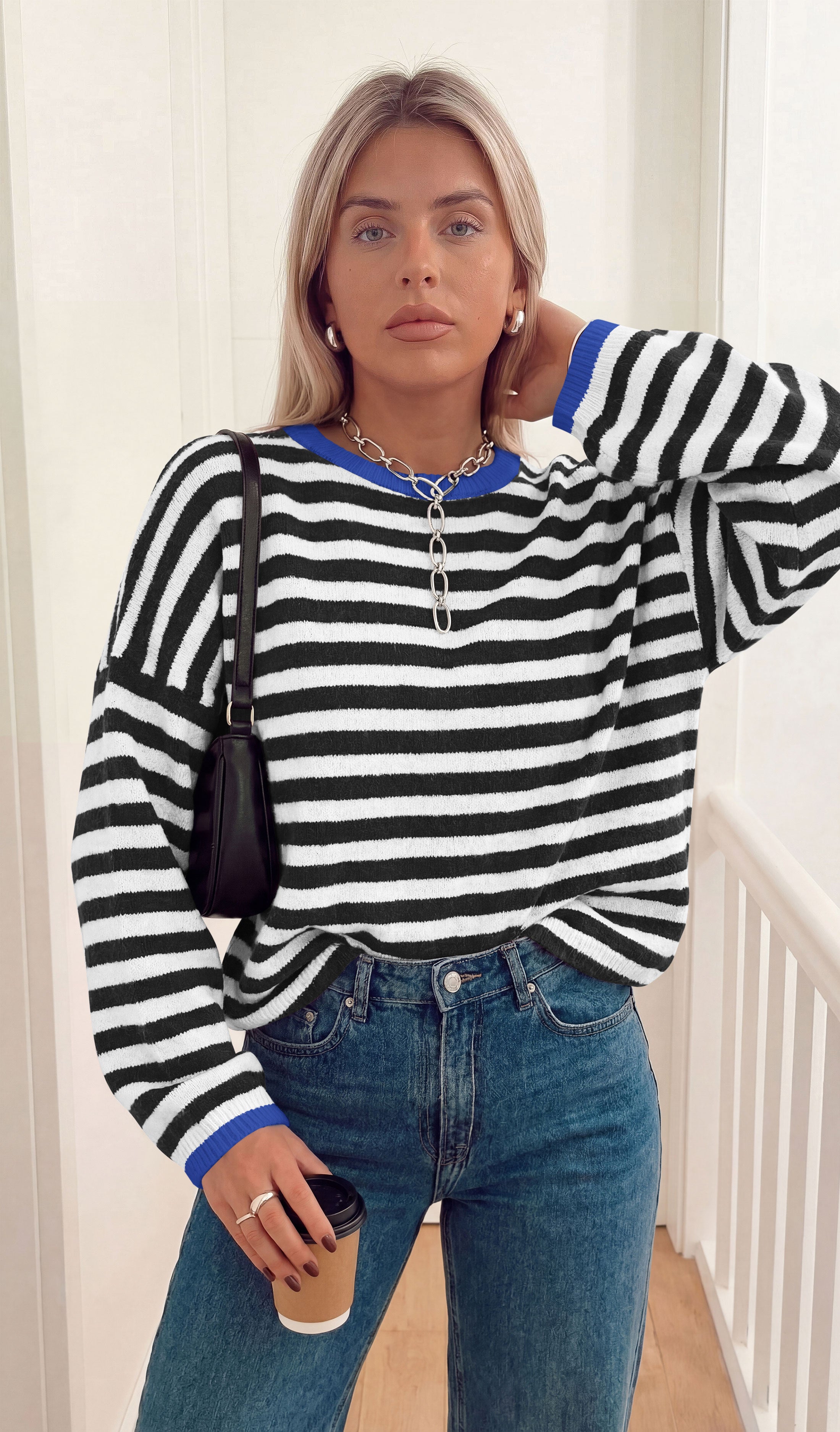 BTFBM Women's Lightweight Oversized Striped Sweater | Soft Knit Cozy Sweaters, Crew Neck Long Sleeve Pullover, y2k Color Block, Casual Holiday Outfits, Winter Fall Clothes 2026