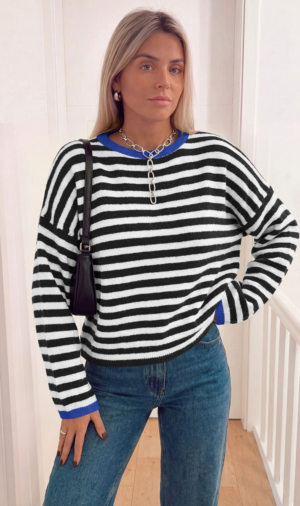BTFBM Women's Lightweight Oversized Striped Sweater | Soft Knit Cozy Sweaters, Crew Neck Long Sleeve Pullover, y2k Color Block, Casual Holiday Outfits, Winter Fall Clothes 2026