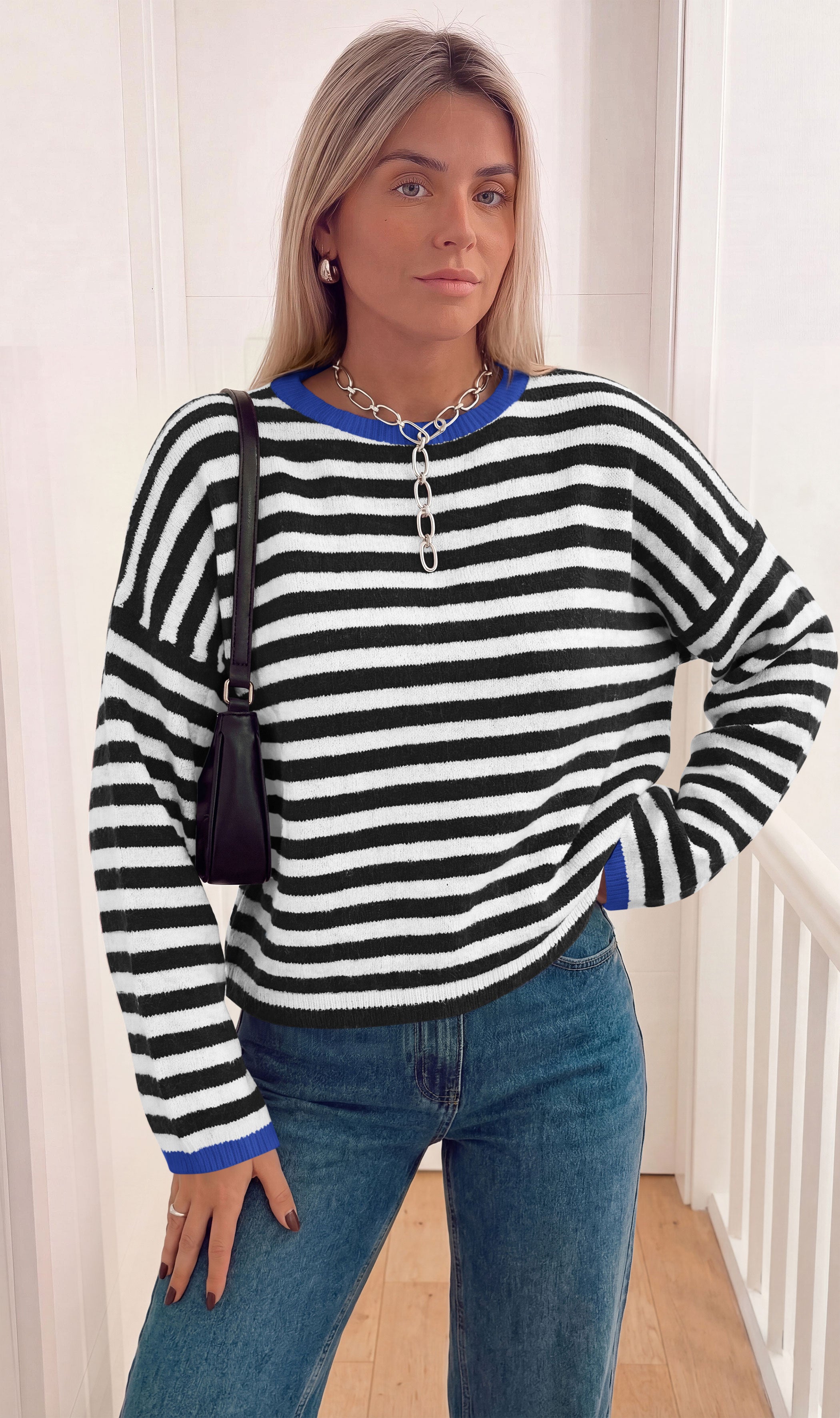 BTFBM Women's Lightweight Oversized Striped Sweater | Soft Knit Cozy Sweaters, Crew Neck Long Sleeve Pullover, y2k Color Block, Casual Holiday Outfits, Winter Fall Clothes 2026