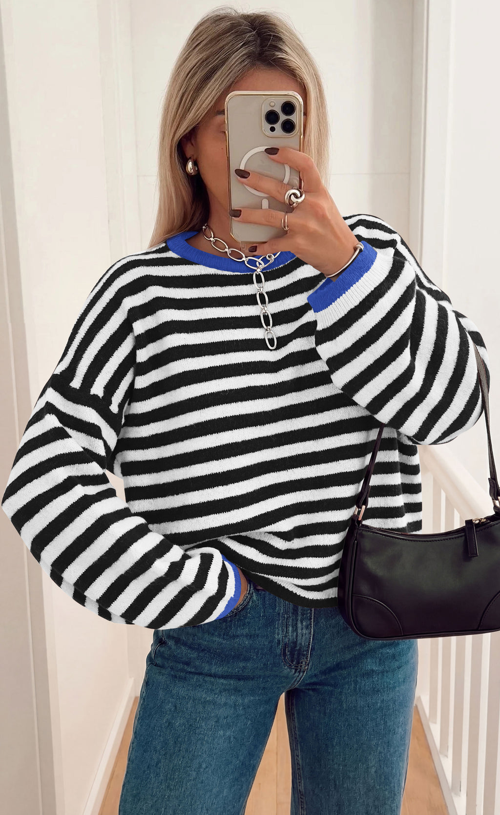 BTFBM Women's Lightweight Oversized Striped Sweater | Soft Knit Cozy Sweaters, Crew Neck Long Sleeve Pullover, y2k Color Block, Casual Holiday Outfits, Winter Fall Clothes 2026