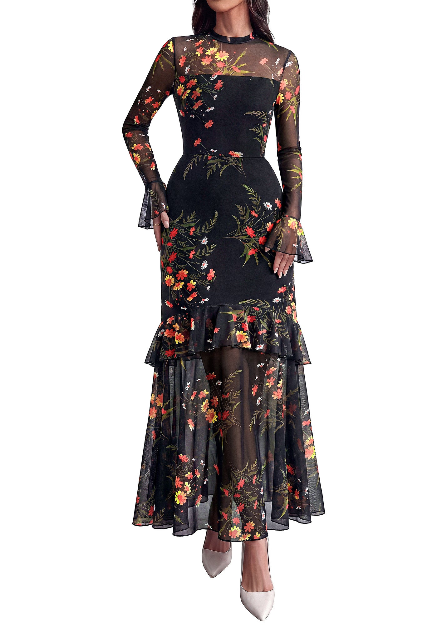 BTFBM Elegant Wedding Guest Dress Floral Long Sleeve Tiered Ruffle Maxi Dresses for Women Cocktail Prom Fall Clothes