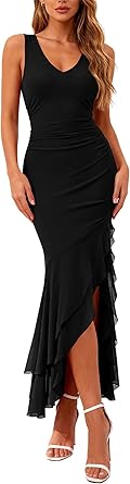 BTFBM Summer Dresses for Women 2026 Bodycon Ruched Sleeveless V Neck Solid Maxi Cocktail Wedding Guest Dress