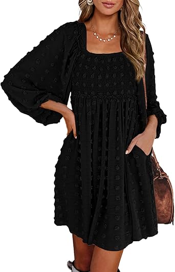 BTFBM Womens Long Sleeve Dress Vacation Square Neck Smocked Floral Swiss Dot Mini Boho Spring Wedding Guest Dresses 2026