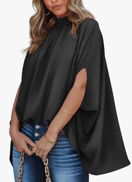 BTFBM Womens Summer Tops 2026 Mock Neck Batwing Sleeve Silk Satin Shirts Loose Oversized Dressy Casual Spring Blouses