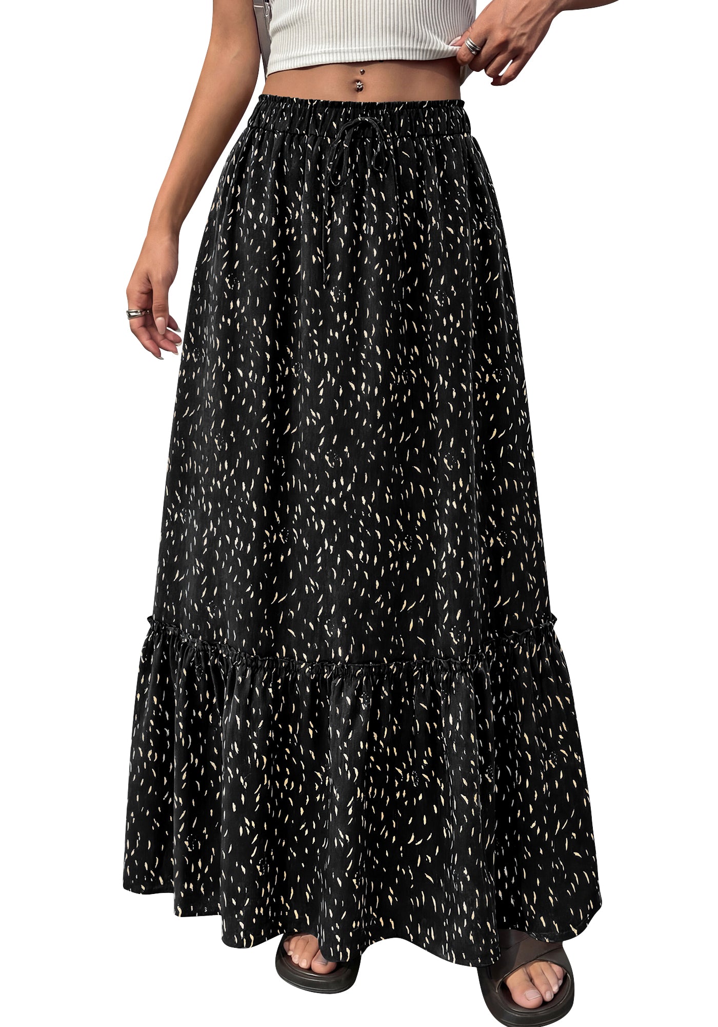 BTFBM Womens Boho Maxi Skirt 2026 Summer Floral High Waisted Flowy Tiered Long Spring Beach Vacation Skirts Pockets