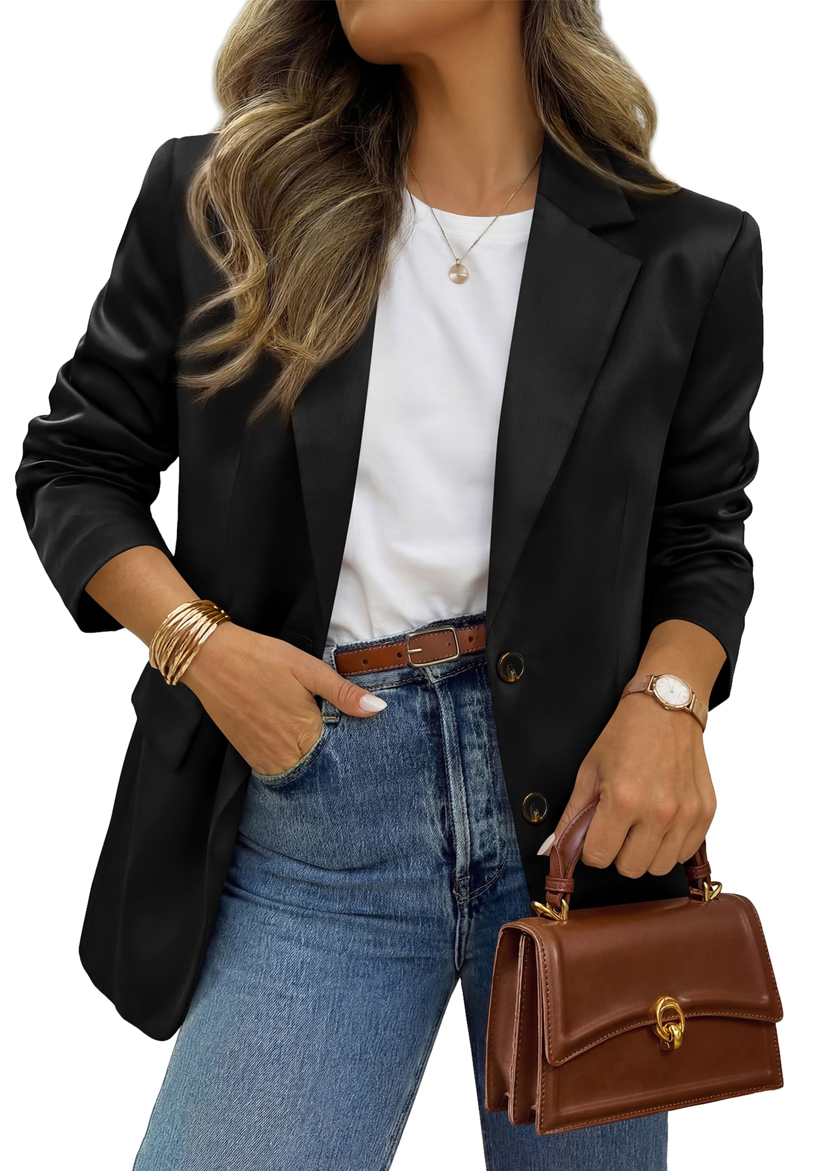 BTFBM Satin Long Sleeve Blazers for Women 2026 Work Office Suit Jackets with Pockets,Business Casual Outfits,Fall Winter