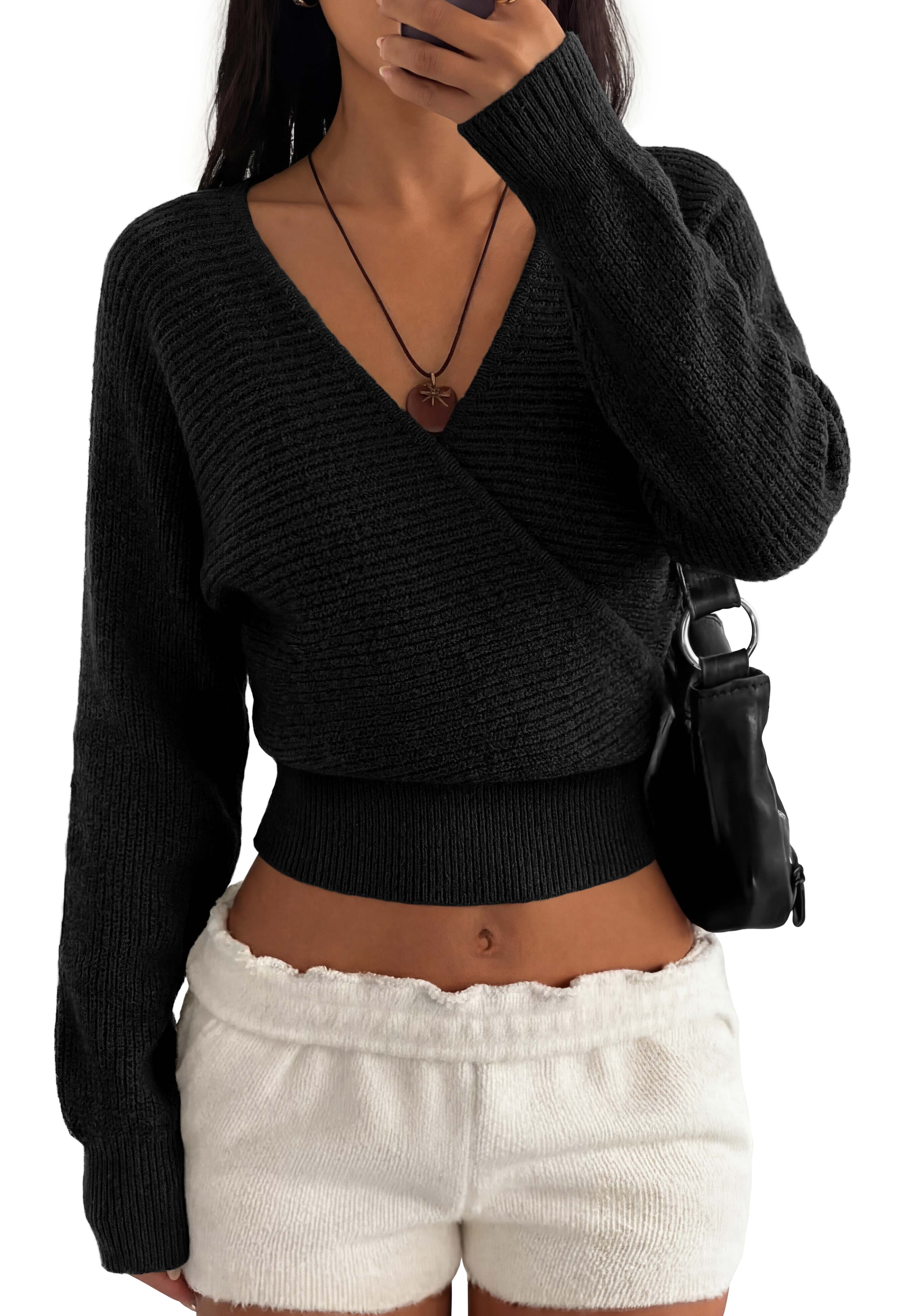 BTFBM Wrap Cross Ribbed Knit Cropped Sweaters for Women 2026 | V Neck Cozy Sweater With Safe Snap,Long Sleeve Fall Clothes Winter Clothing,Holiday Outfits Christmas Thanksgiving Halloween