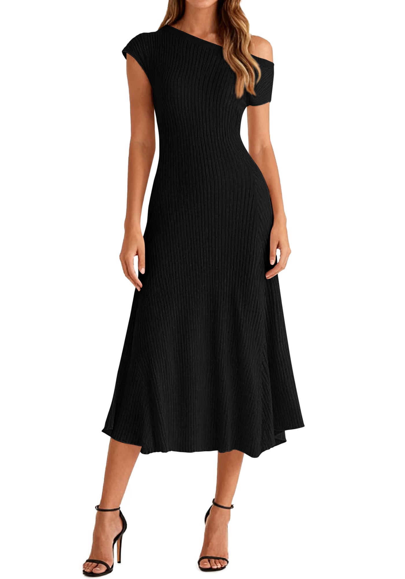 BTFBM Womens Spring Dresses 2026 Asymmetrical Neck Short Sleeve Pleated Swing Knit Midi Dress Business Casual