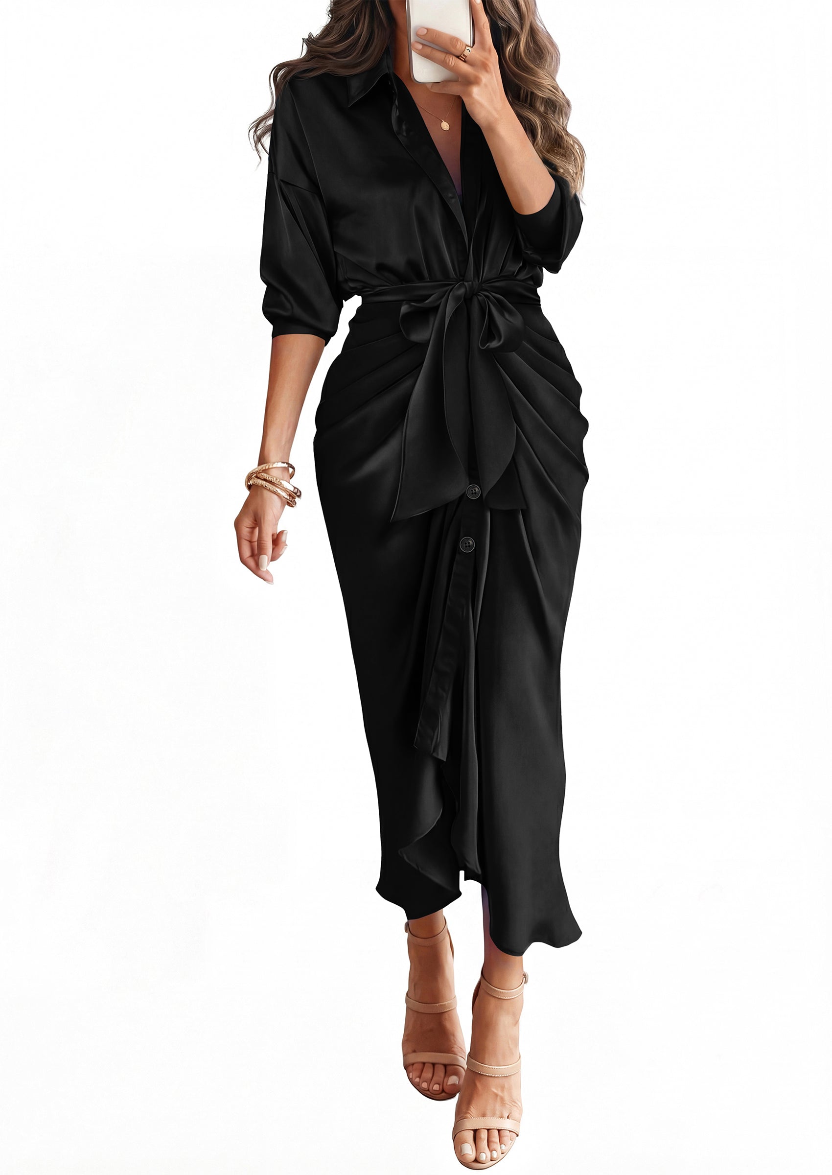 BTFBM Summer Dresses for Women 2026 Long Sleeve V Neck Button Down Elegant Belted Ruched Satin Silk Shirt Fall Dress