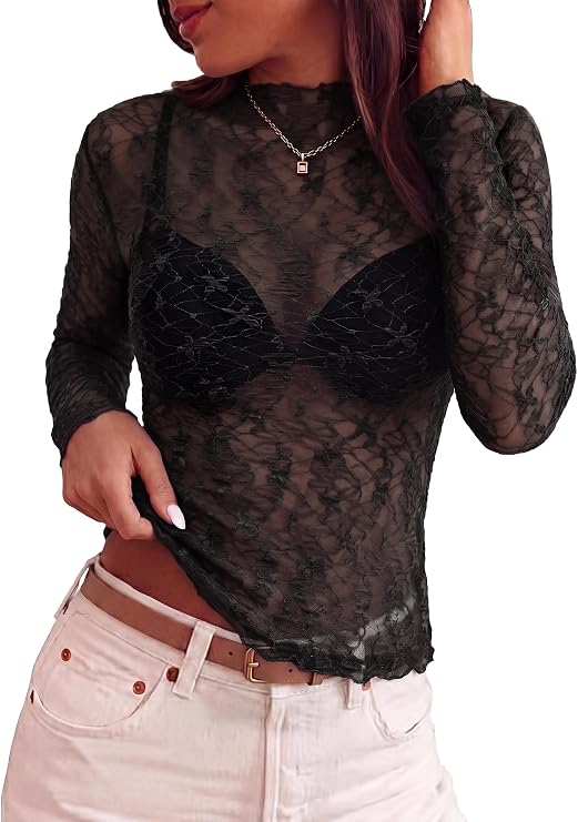 BTFBM Womens Tops Sheer See Through Lace Mock Neck Mesh Blouses | Slim Fit, Long Sleeve, Blouses For Women Dressy Casual, Floral Pattern, Fall Fashion, Sexy, Vacation Outfits For Women