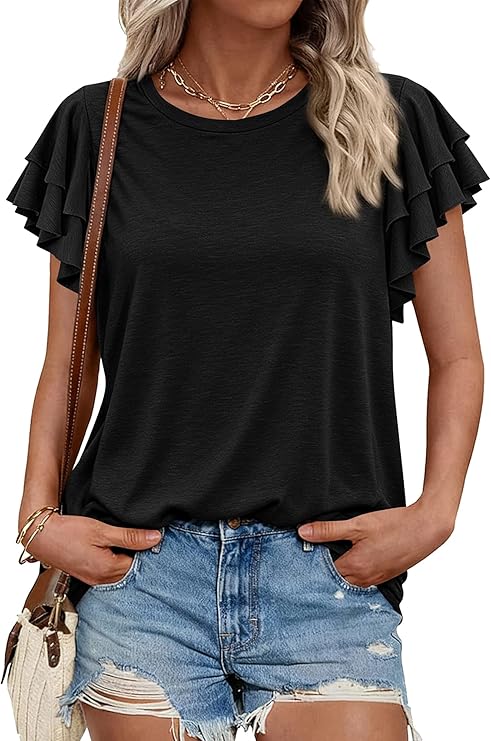 BTFBM Summer Tops for Women 2026 Crew Neck Ruffle Short Sleeve Shirts Loose Tunic Casual Spring Blouses