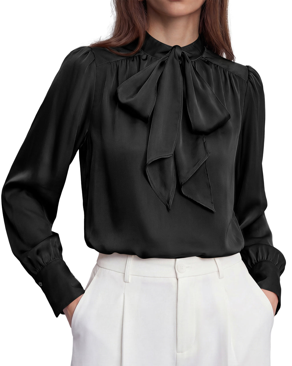 BTFBM Women Satin Blouses Bow Tie Work Business Casual Tops | Ruched Button Cuff Long Sleeve Top, Dressy Silk Blouse, Elegant Daily Professional Office Clothes, Early Fall Fashion 2026
