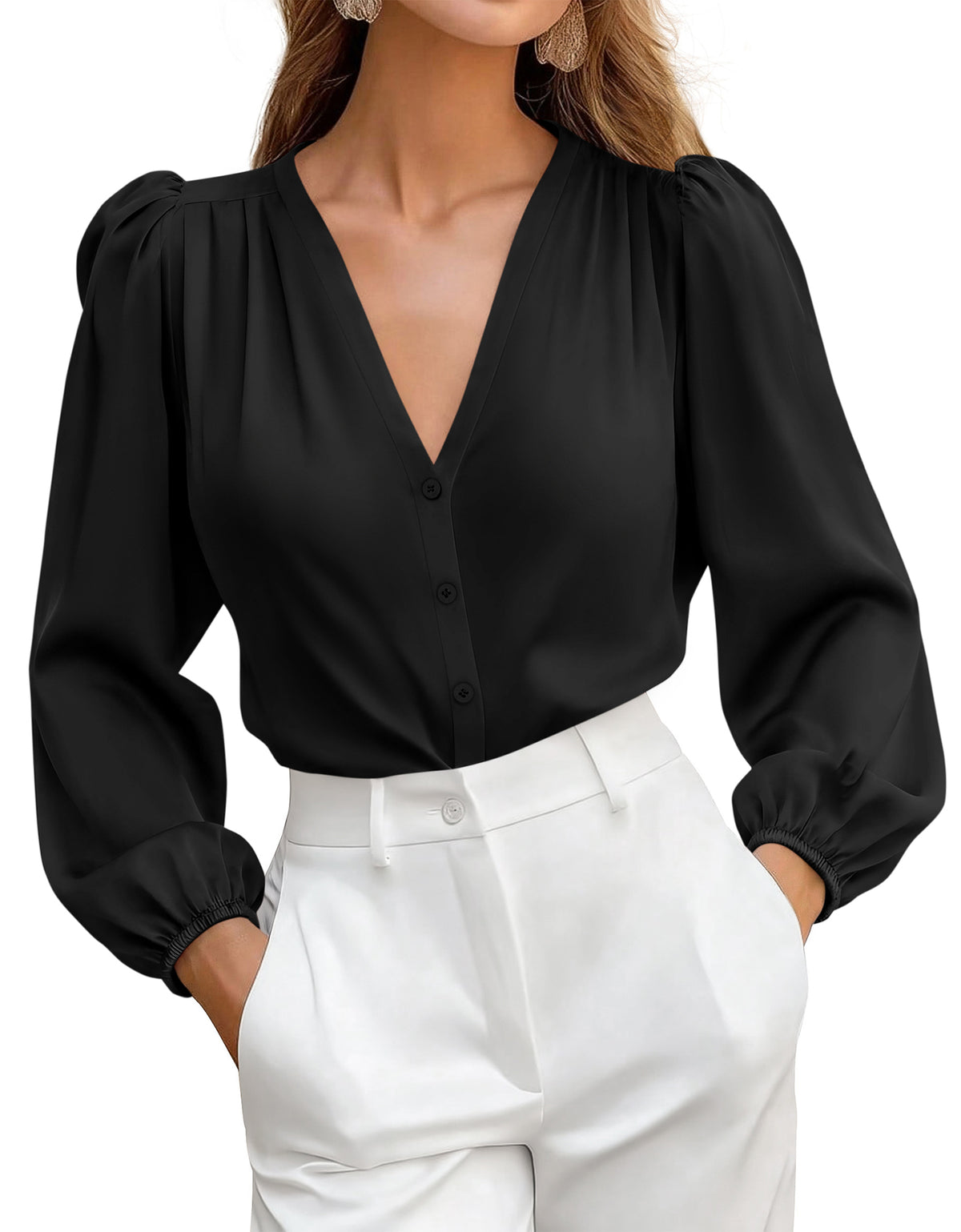 BTFBM Satin Blouses for Women Dressy Casual Button Down Shirts | Lightweight Silk Formal Tops, V Neck Lantern Long Sleeve Shirt, Office Work Business Casual Outfits, Fall Clothes 2026 Trendy