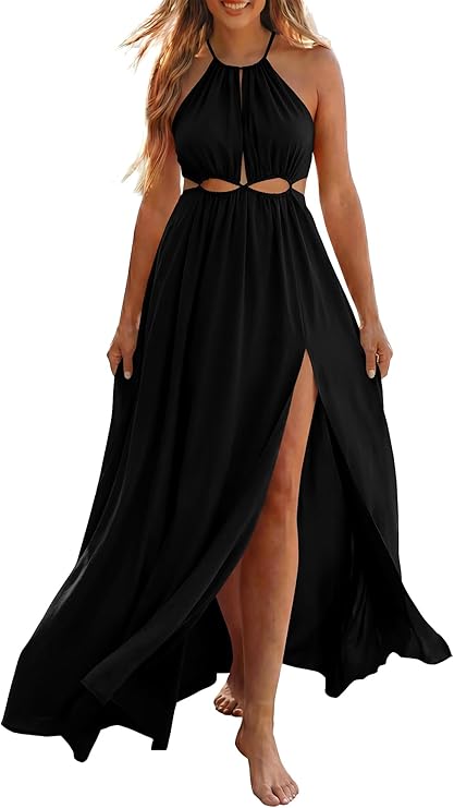 BTFBM Women Halter Summer Dresses 2026 Sleeveless Cutout Backless Sundress Slit Boho Maxi Beach Wedding Guest Dress