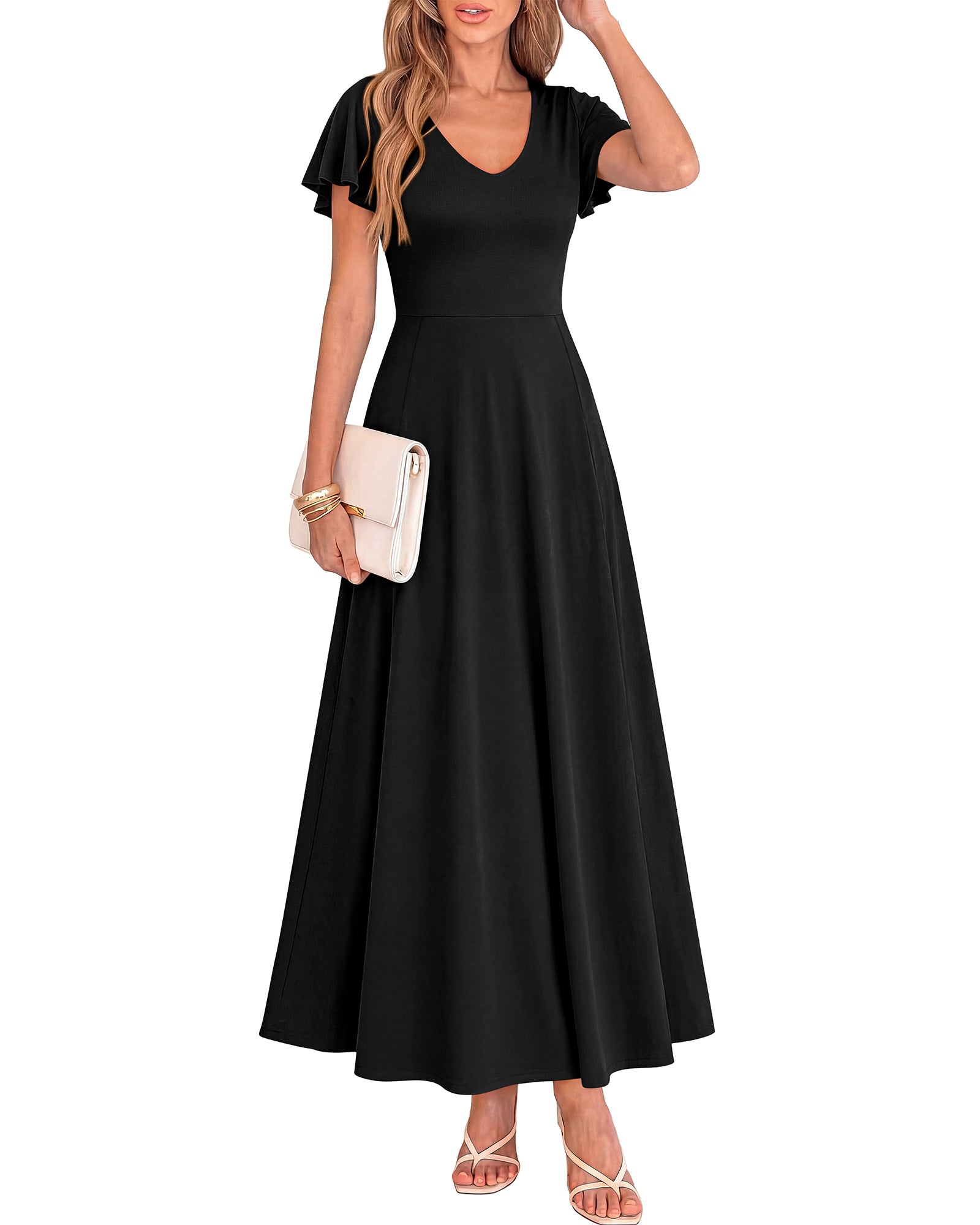 BTFBM Formal Dresses for Women Summer Outfits V Neck Ruffle Sleeve A Line Maxi Elegant Cocktail Wedding Guest Dress 2026