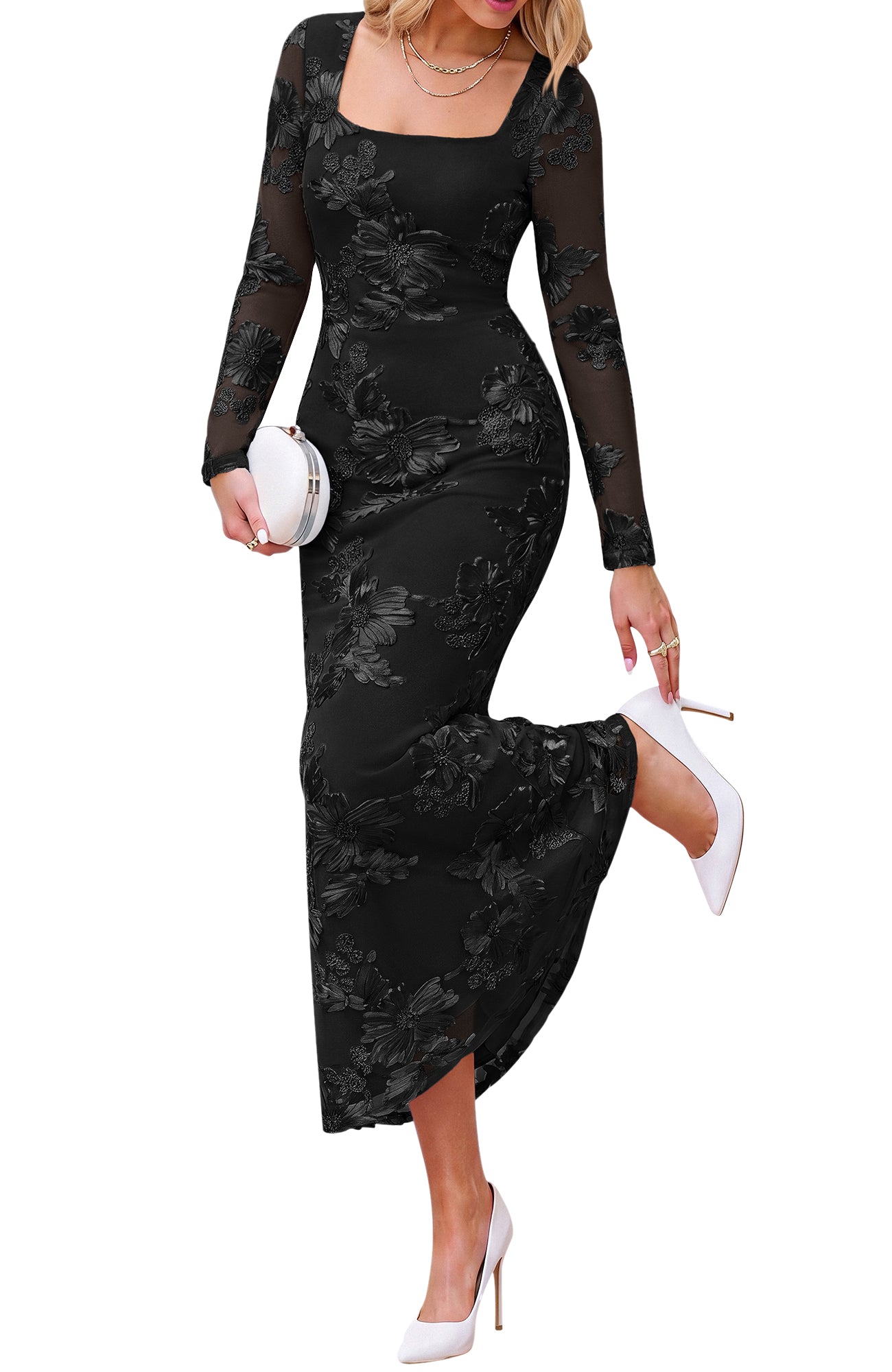 BTFBM Womens Long Sleeve Bodycon Floral Mesh Maxi Fall Wedding Guest Dress