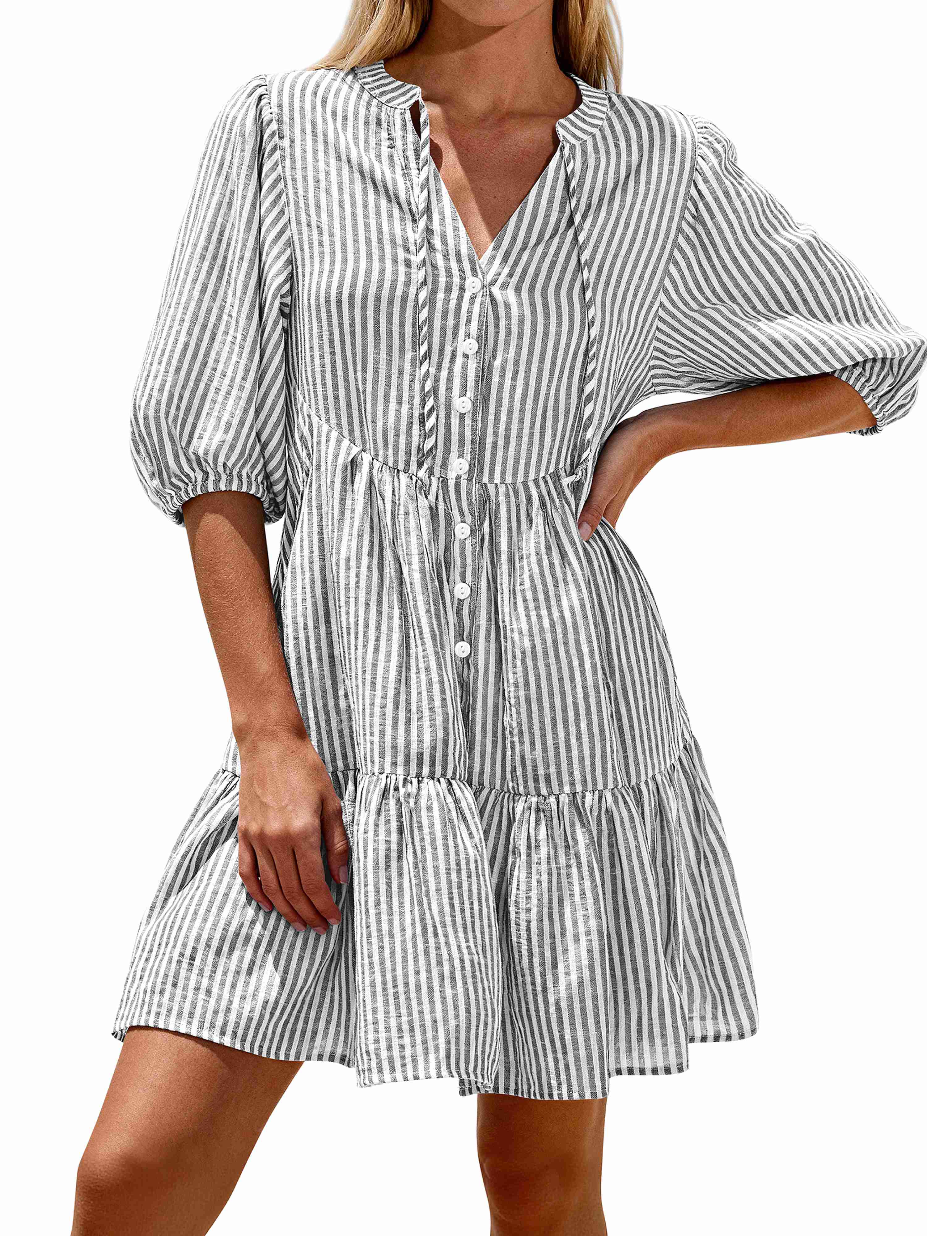 BTFBM Women Summer Dresses 2026 Striped Mini Dress Half Sleeve Button Down Tiered Flowy Beach Vacation Outfits Pockets